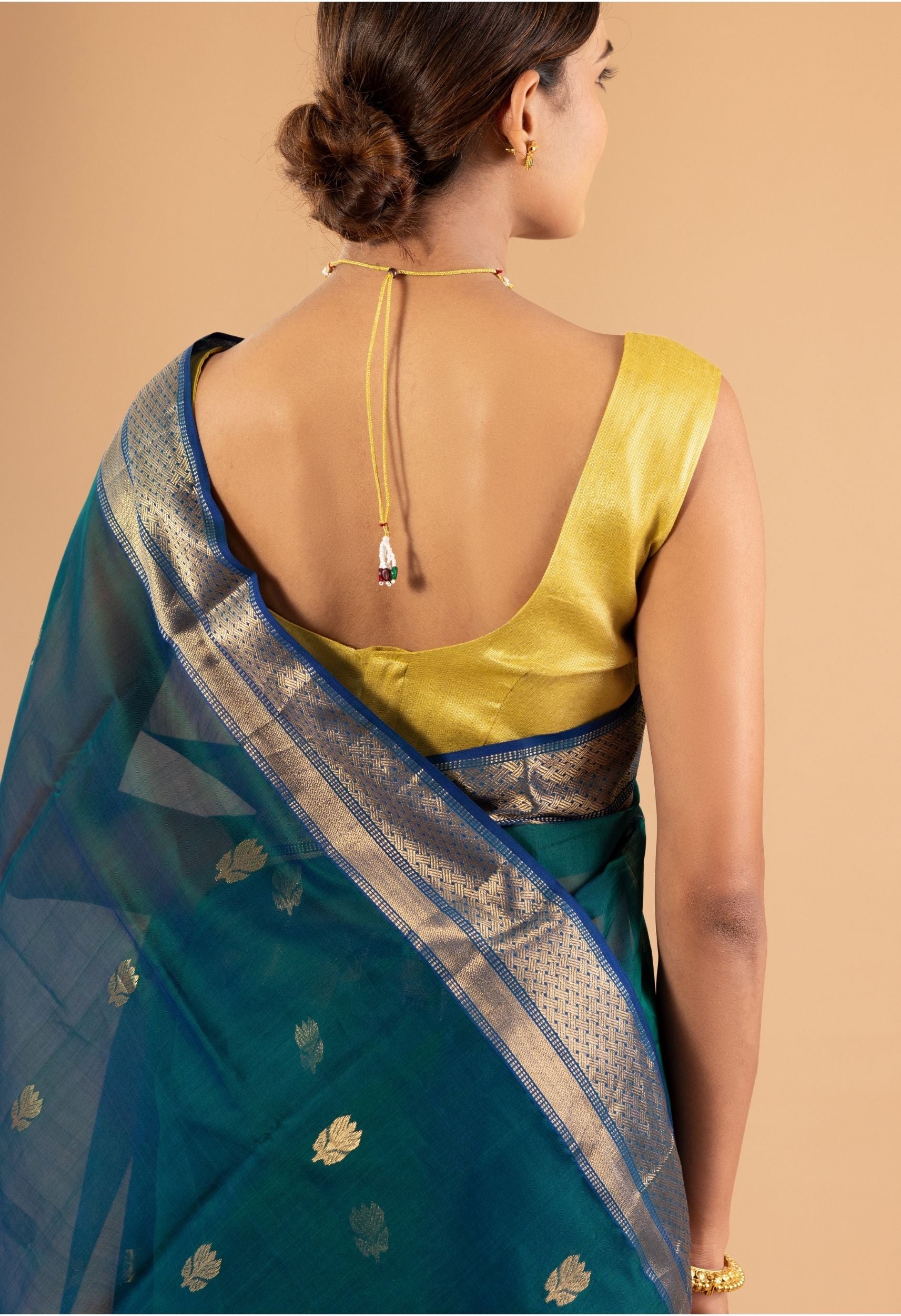 PEACOCK GREEN MAHESHWARI SILK SAREE WITH GOLEN ZARI WORK