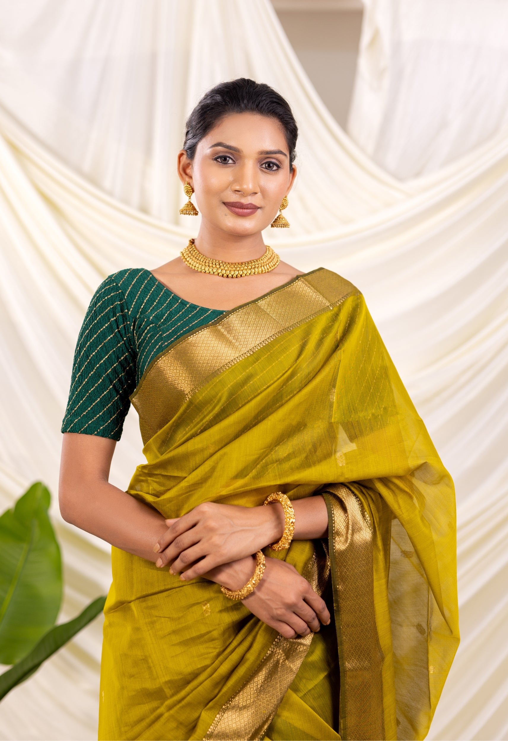 YELLOW GREEN  LOTUS BUTTA MAHESHWARI SAREE