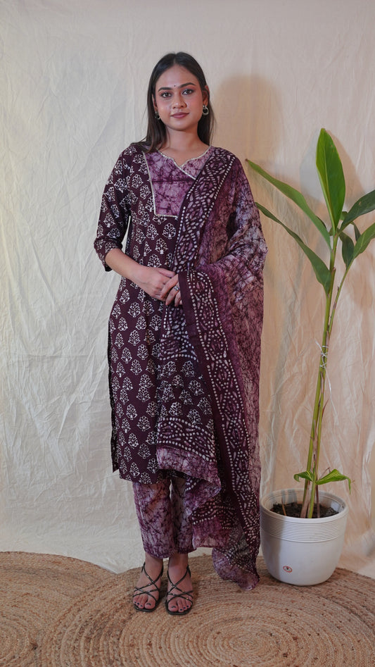 WINE BATIK PRINT SUIT SET