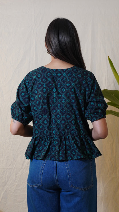 GREEN FLORAL BAGH PRINT  TOP