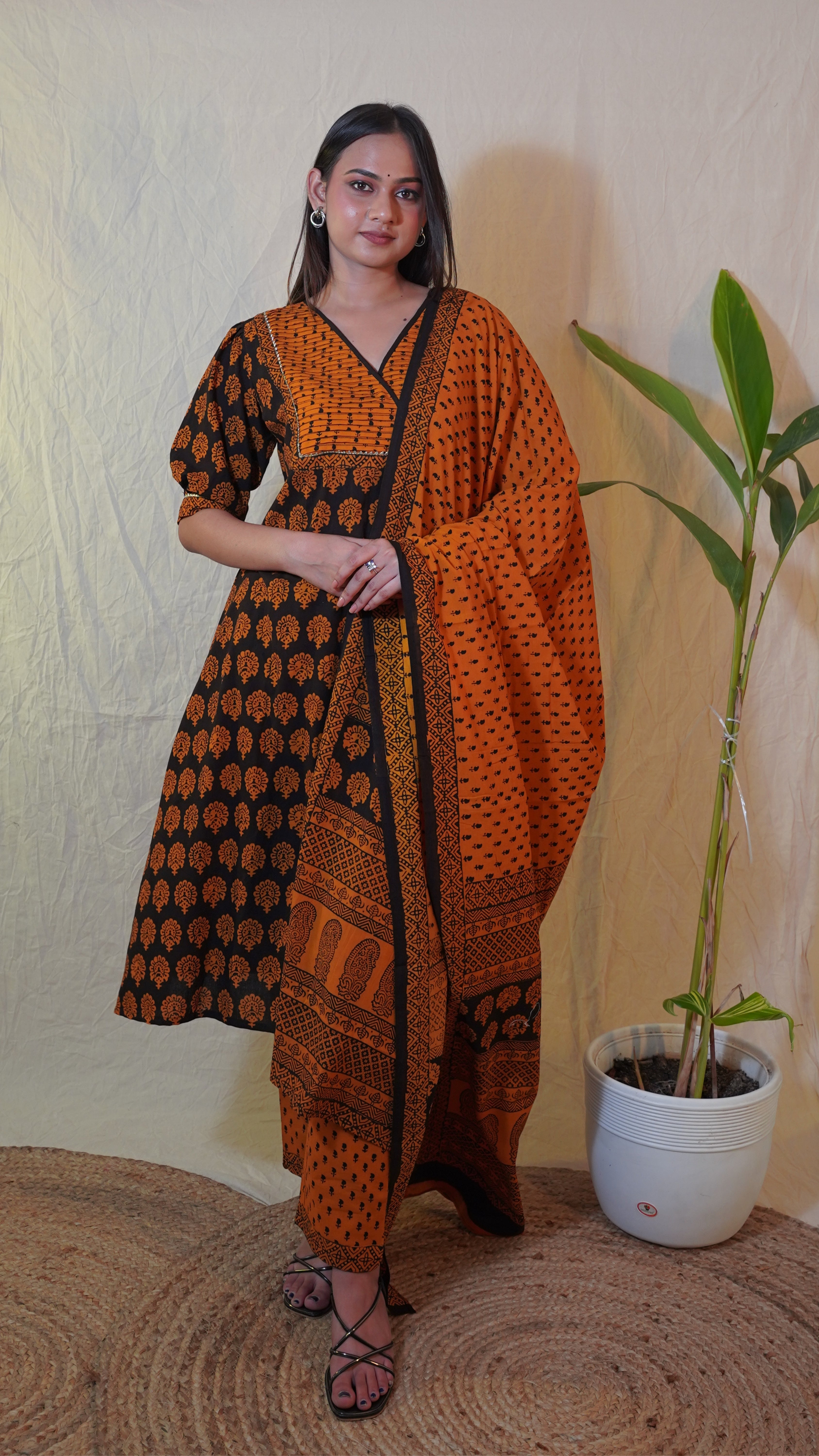 BLACK ORANGE  BAGH PRINT SUIT SET