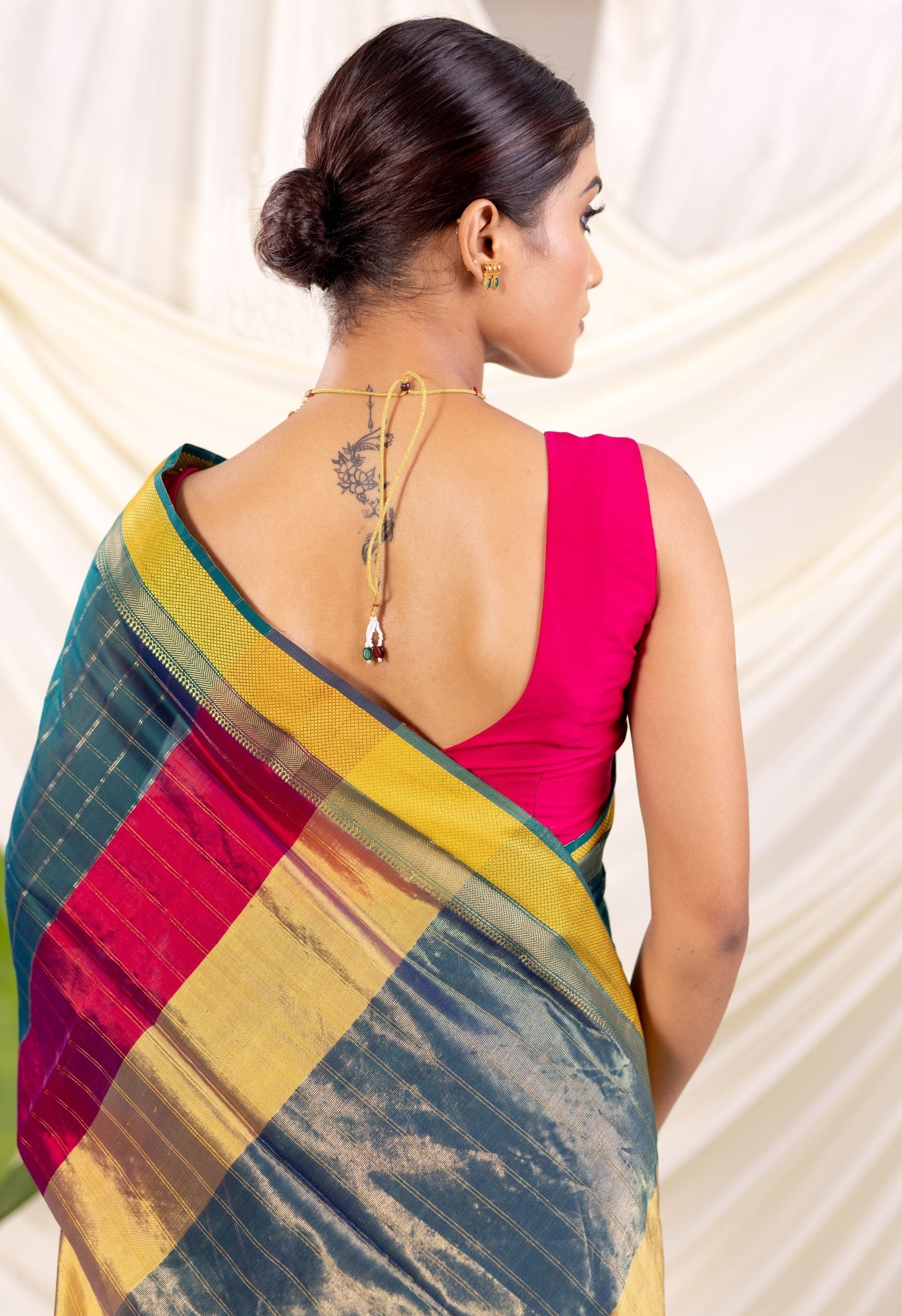 PEACOCK GREEN CHECK ZARI MAHESHWARI SAREE