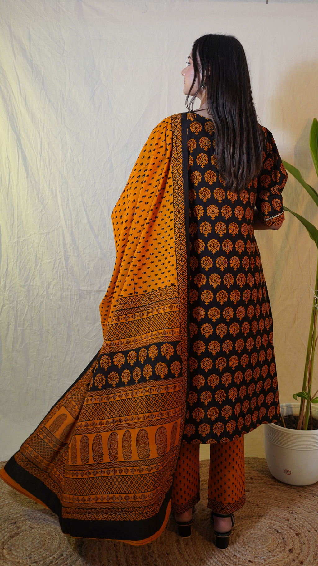 BLACK ORANGE  BAGH PRINT SUIT SET