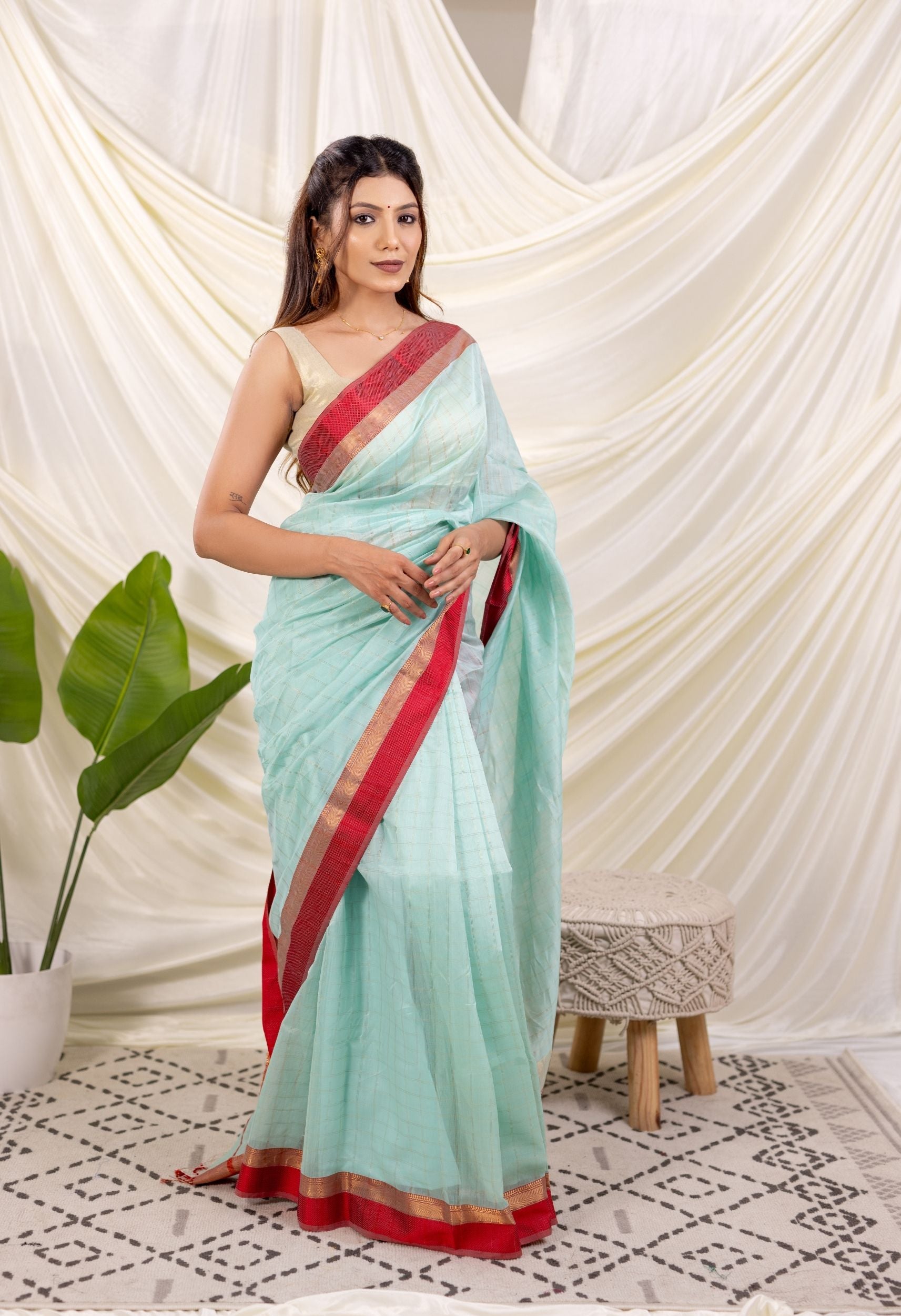 TEAL BLUE CHECK ZARI MAHESHWARI SAREE