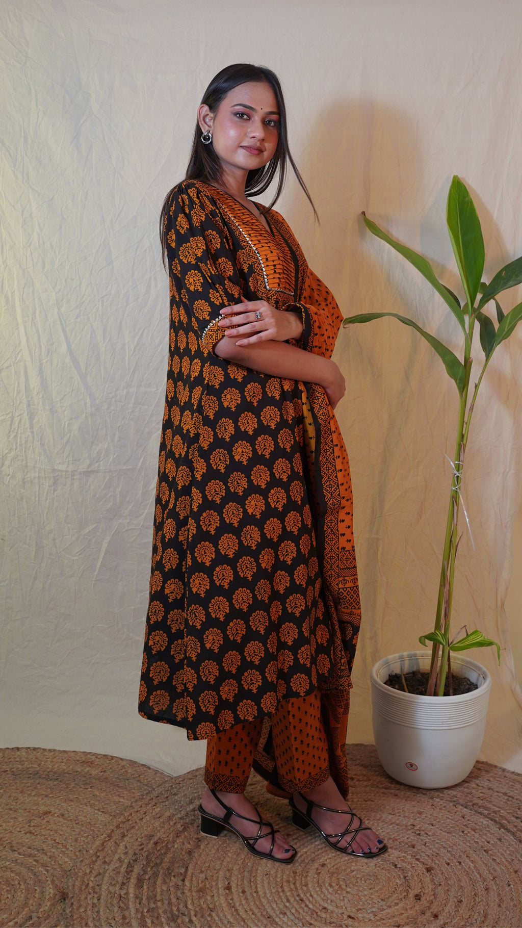 BLACK ORANGE  BAGH PRINT SUIT SET