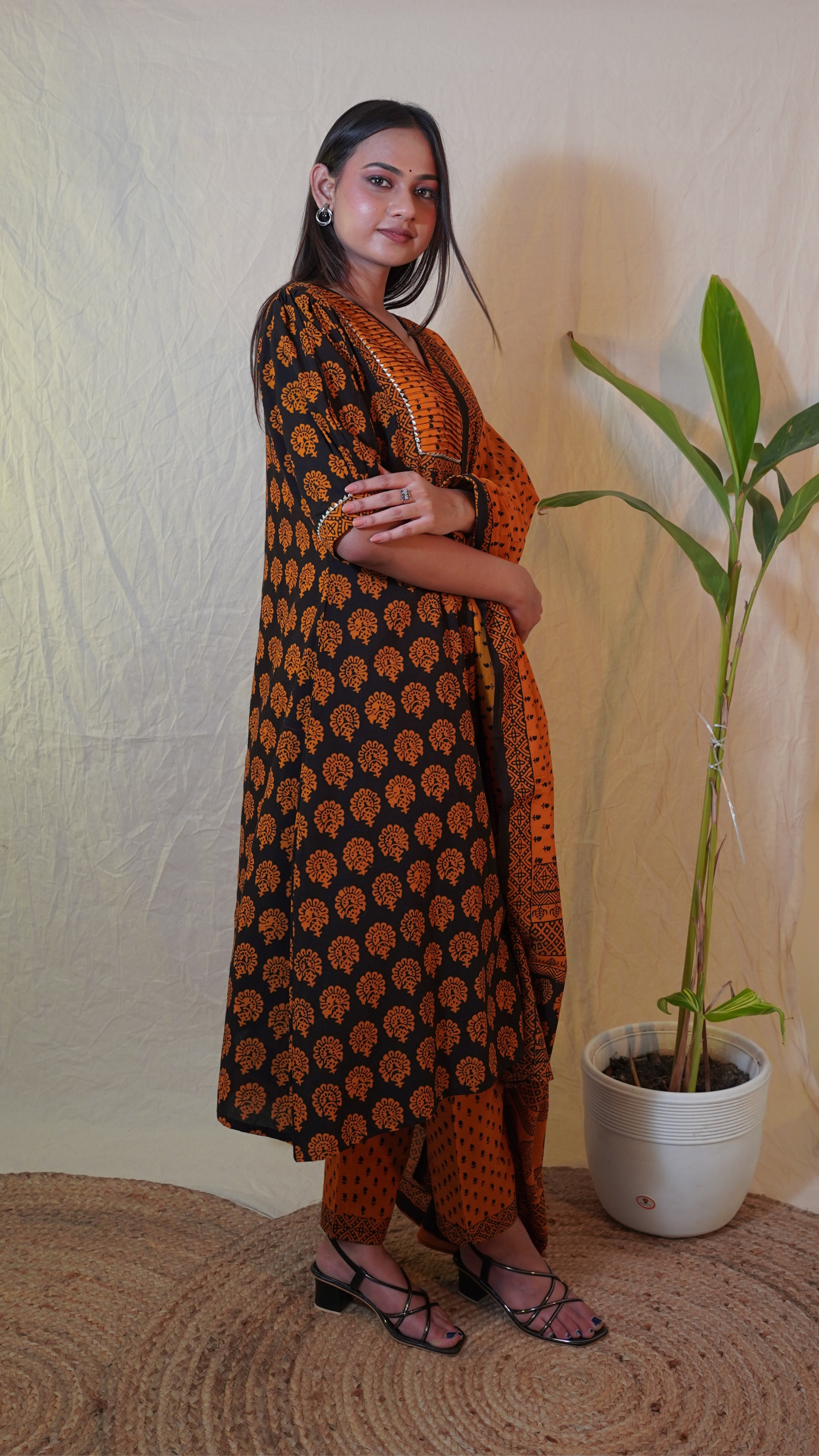 BLACK ORANGE  BAGH PRINT SUIT SET