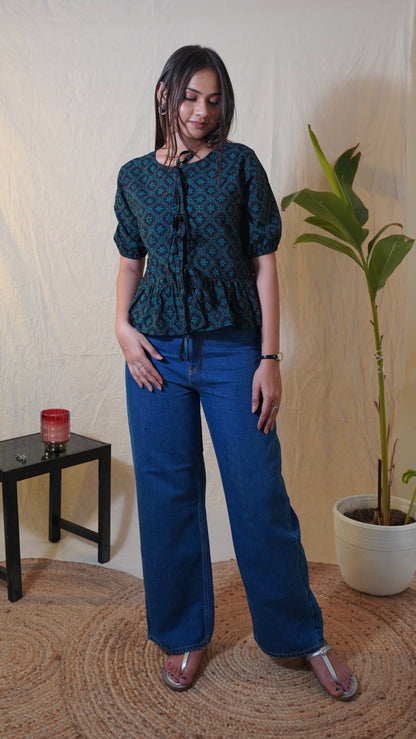 GREEN FLORAL BAGH PRINT  TOP