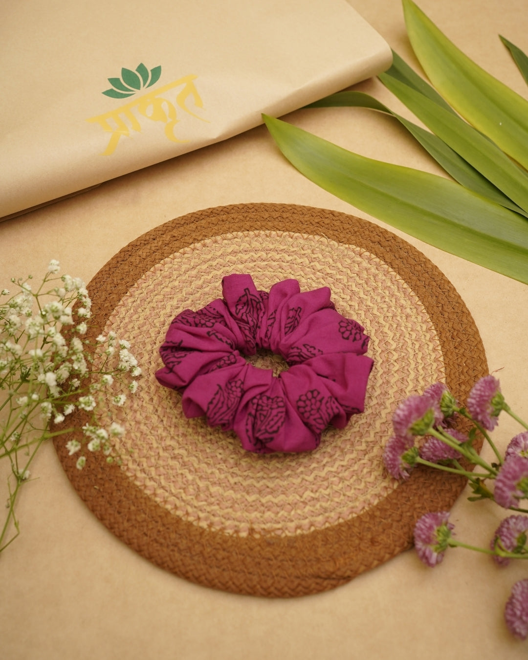 PINK BLACK BAGH PRINT SCRUNCHIES