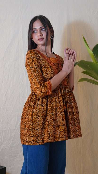 ORANGE BLACK BAGH PRINT SHORT KURTI