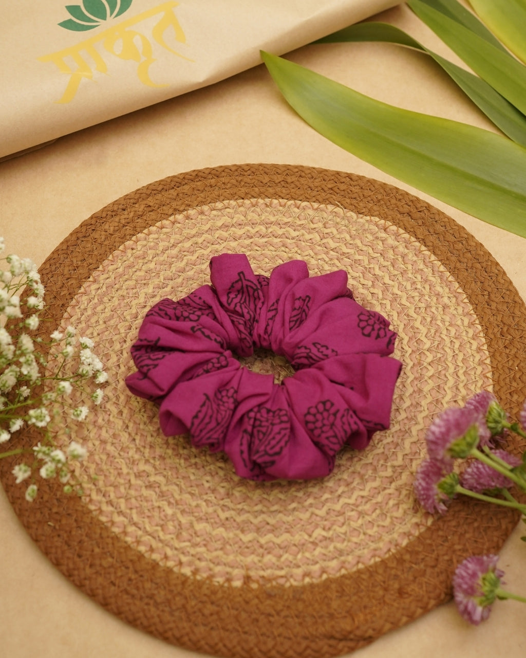 PINK BLACK BAGH PRINT SCRUNCHIES