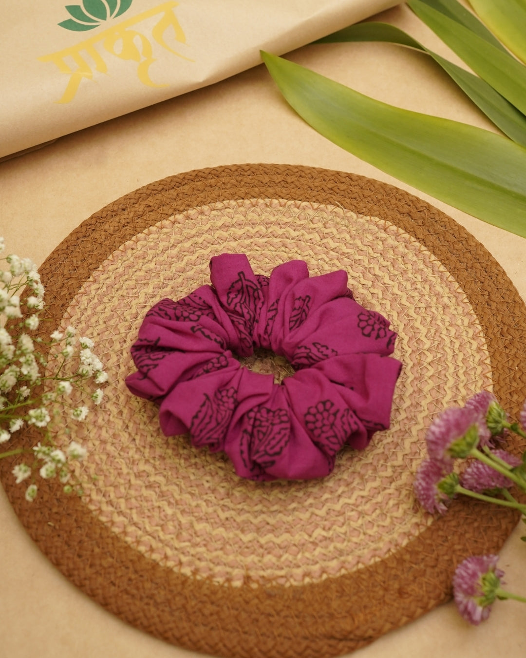 PINK BLACK BAGH PRINT SCRUNCHIES