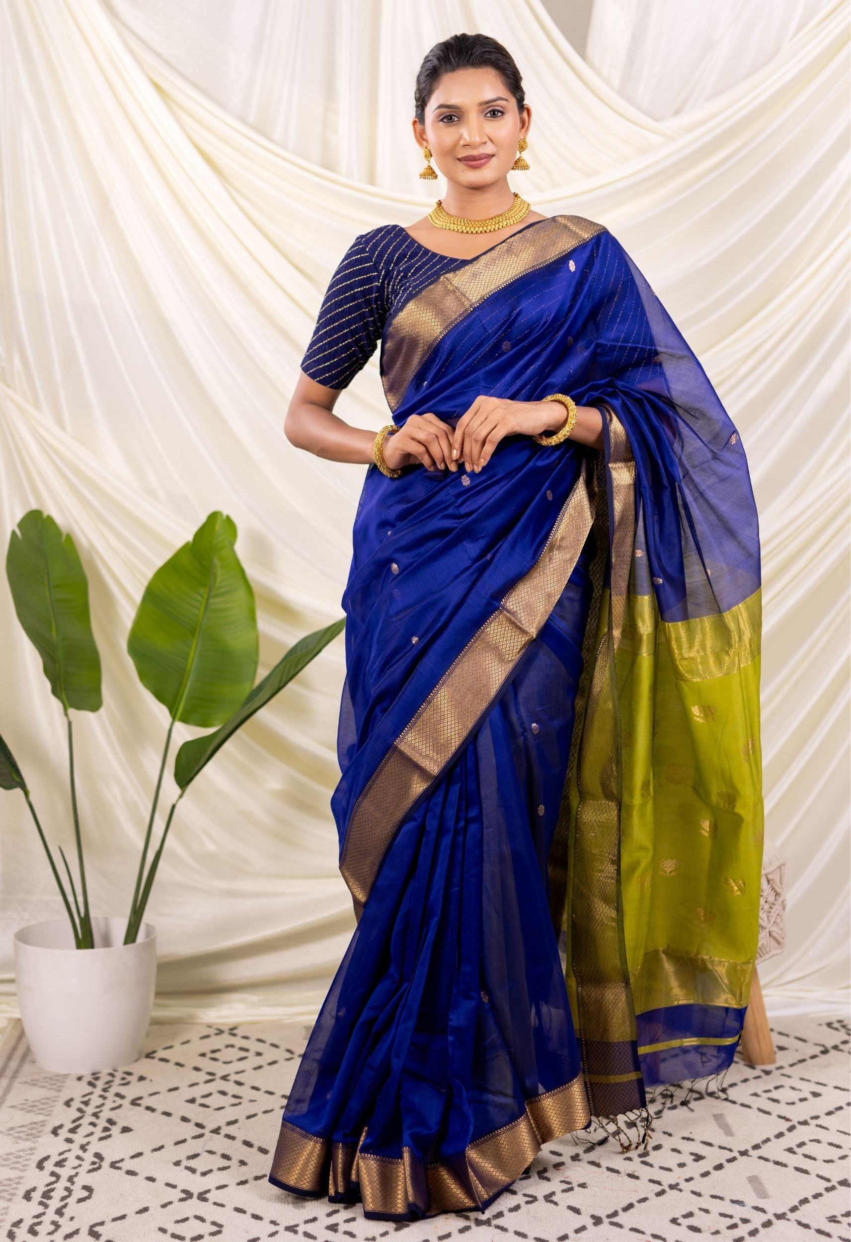 BLUE GREEN LOTUS BUTTA MAHESHWARI SAREE