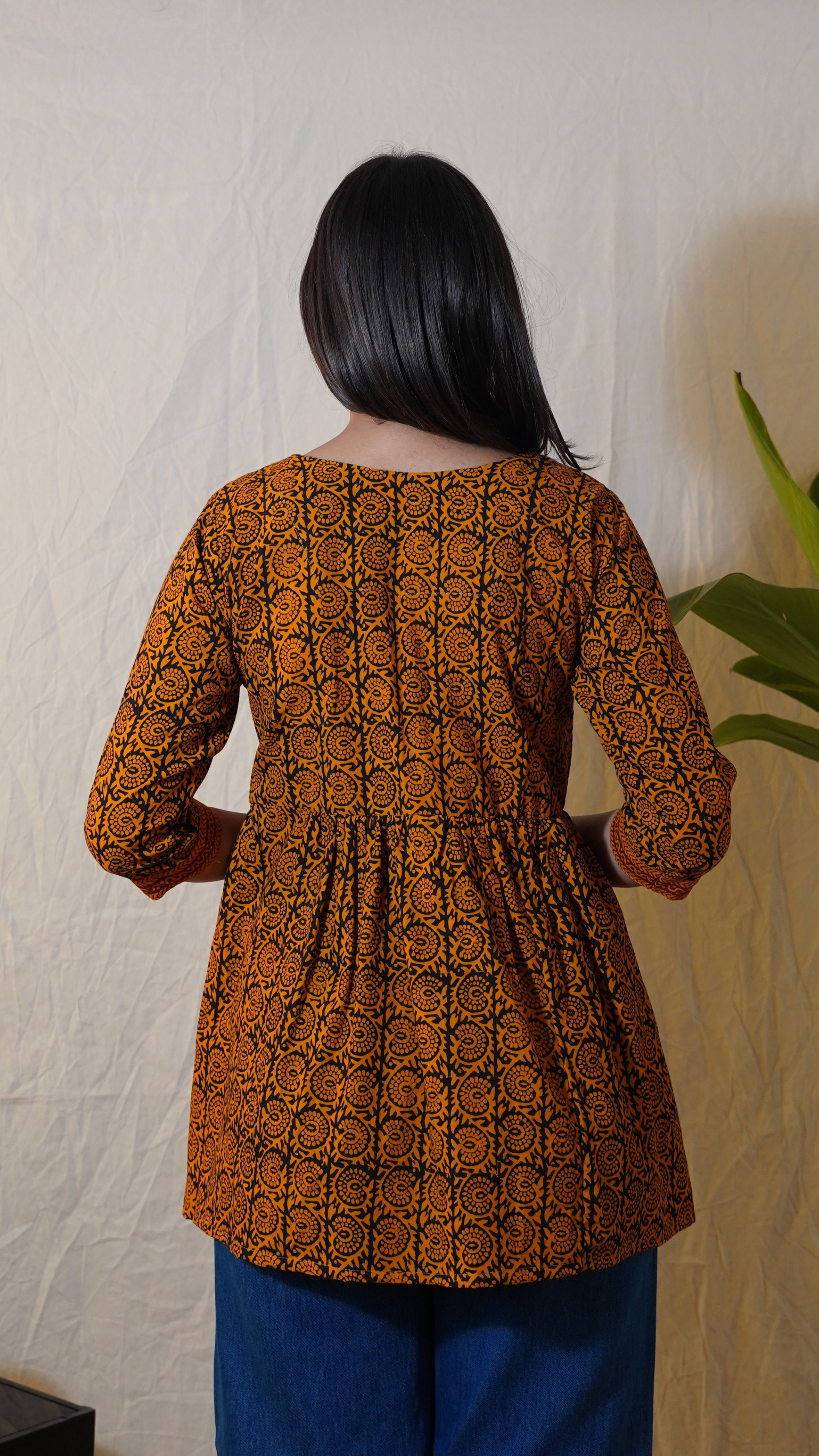 ORANGE BLACK BAGH PRINT SHORT KURTI