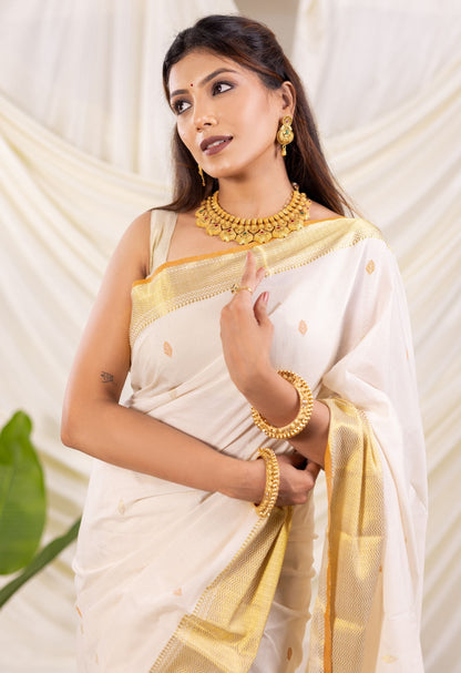 PURE WHITE COTTON GOLDEN ZARI BORDER  SAREE