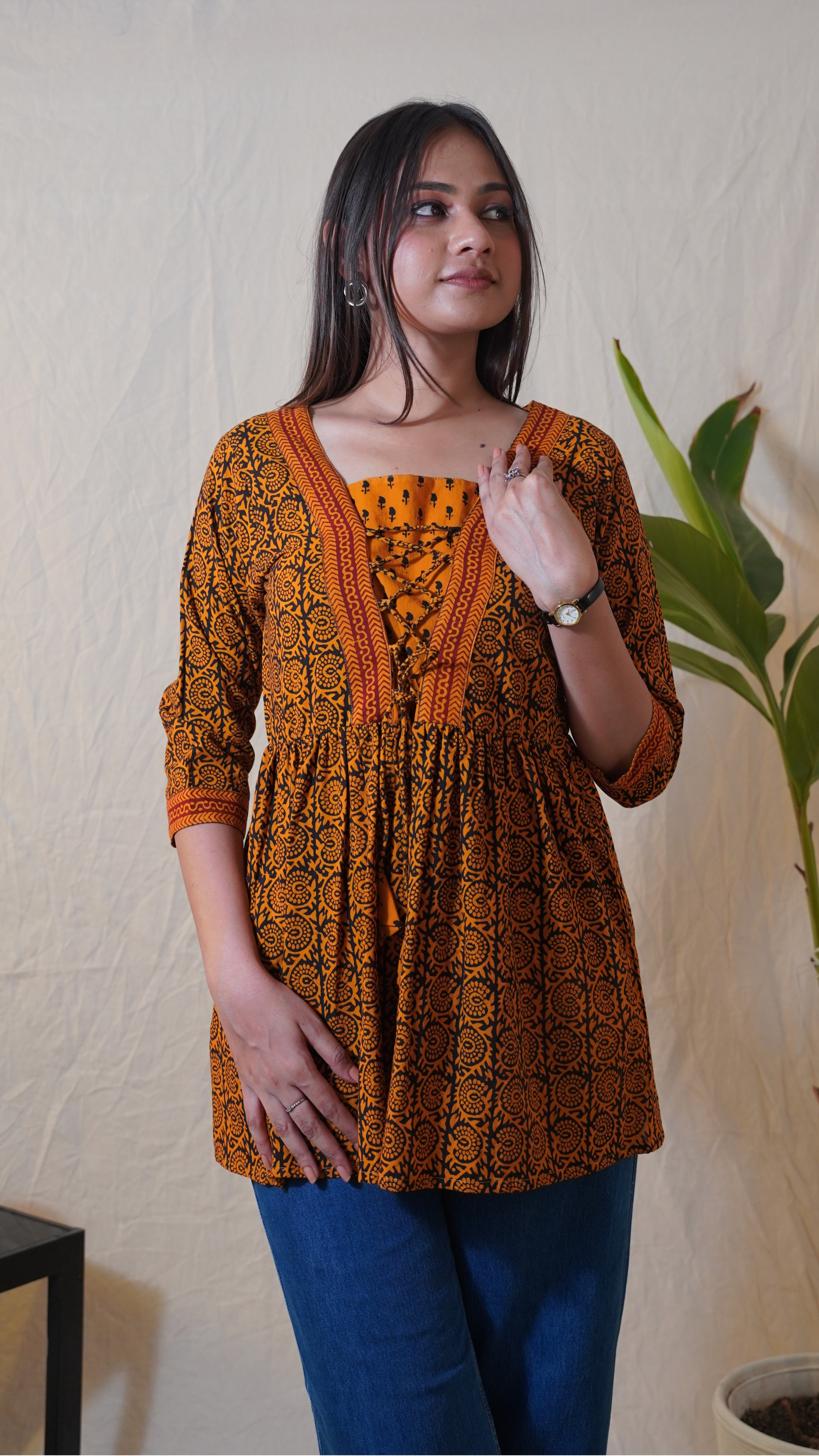 ORANGE BLACK BAGH PRINT SHORT KURTI