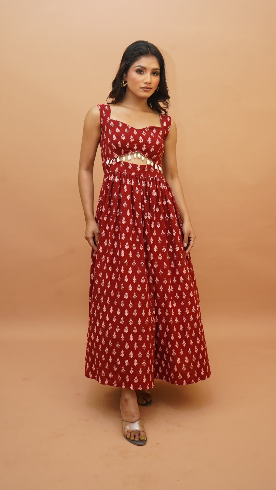 RED WHITE  BAGH PRINT DRESS