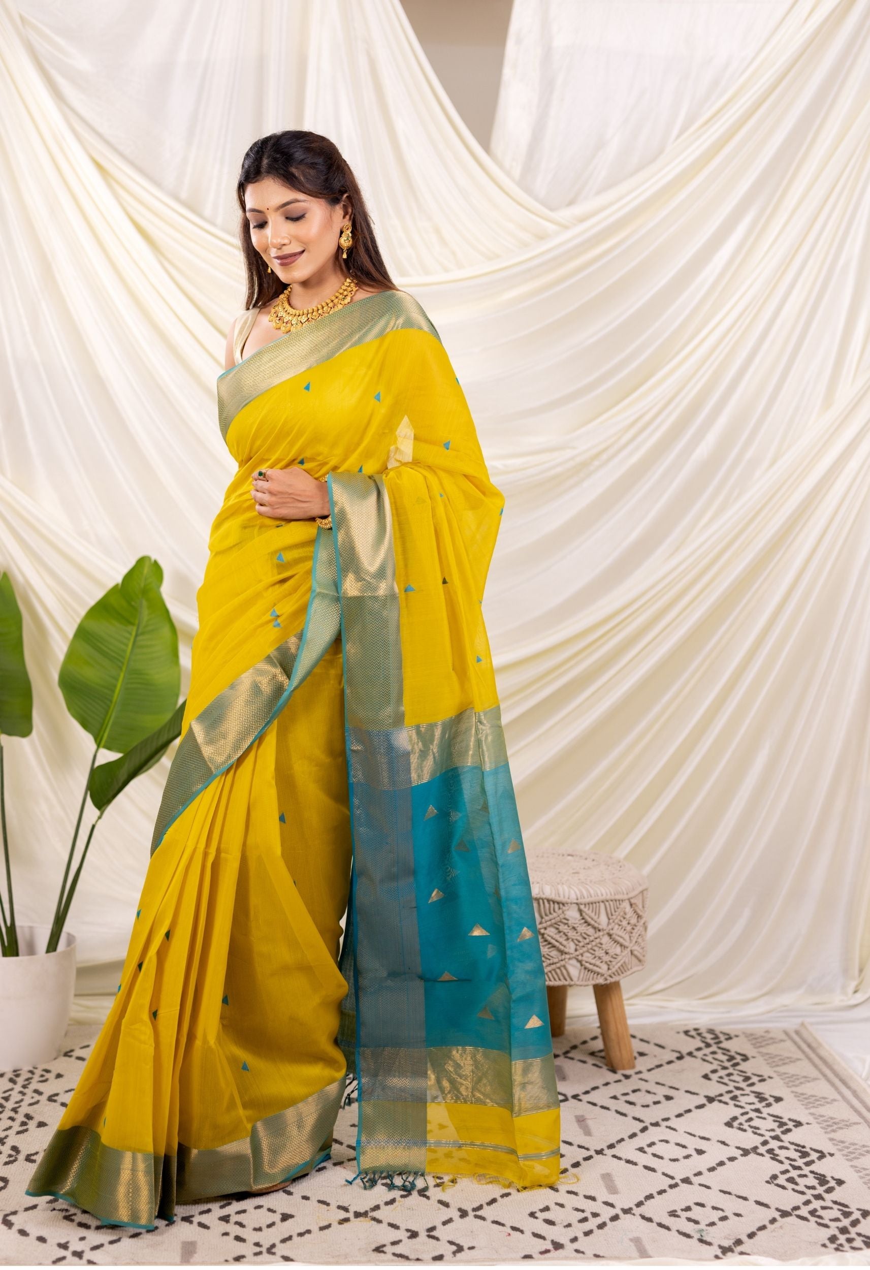 YELLOW BLUE MAHESHWARI SILK SAREE