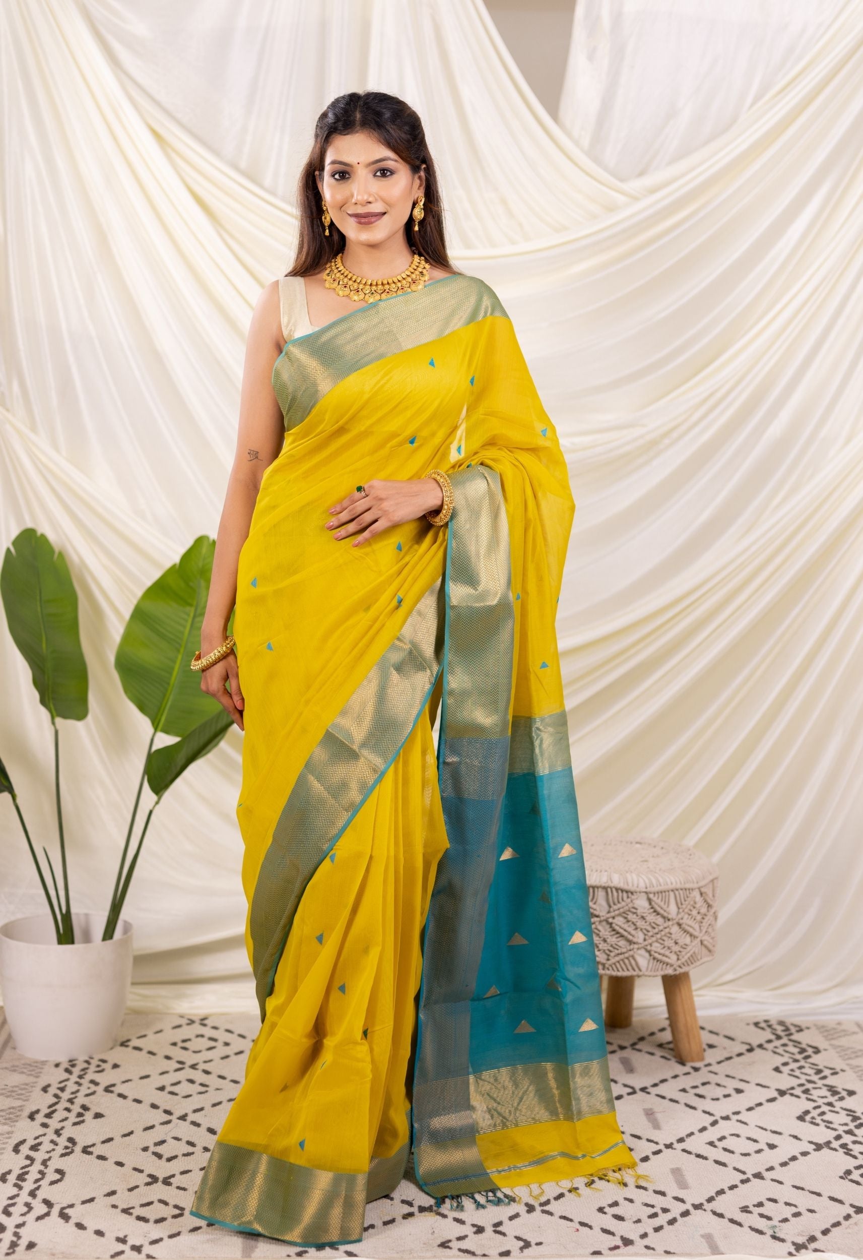 YELLOW BLUE MAHESHWARI SILK SAREE
