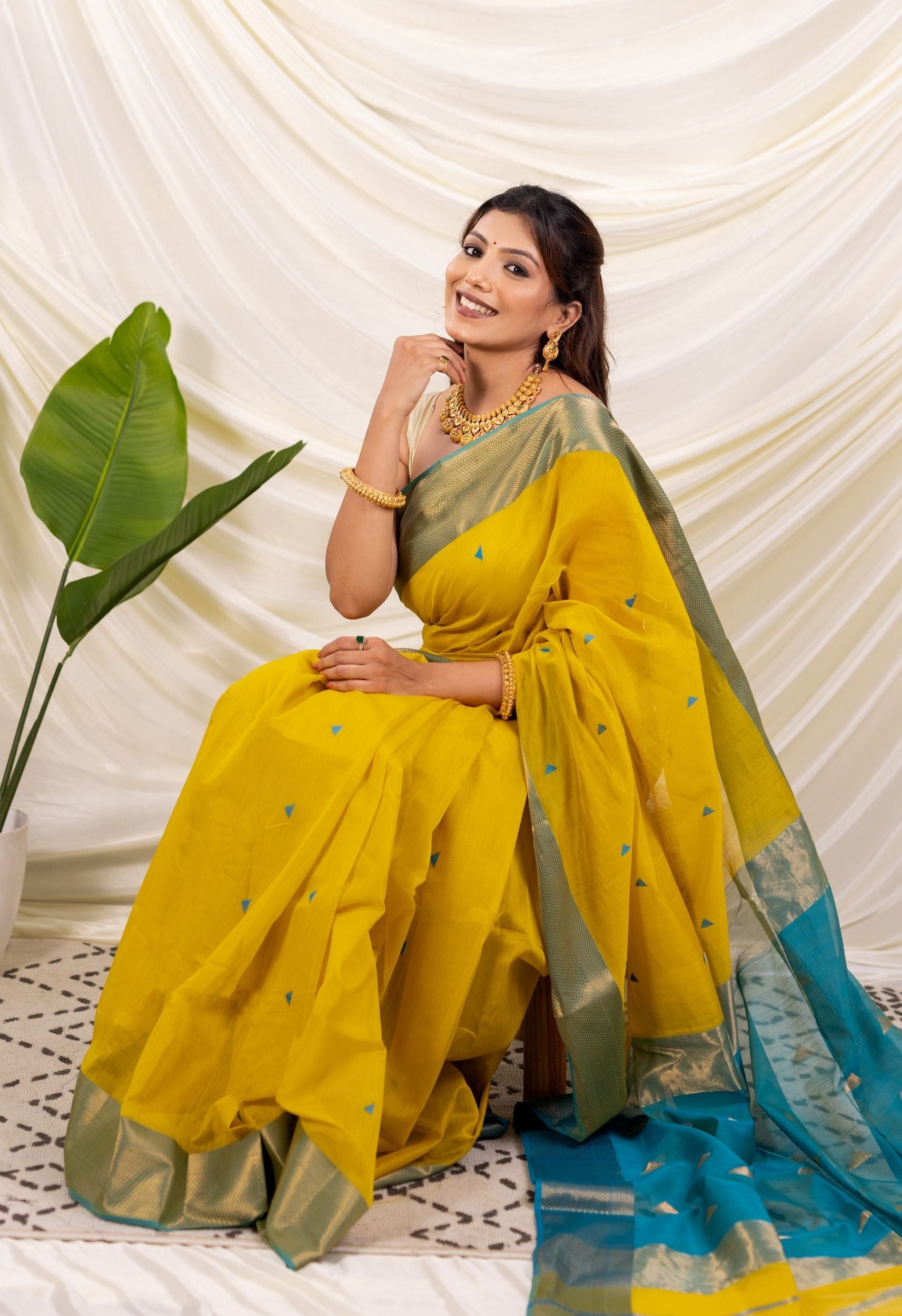 YELLOW BLUE MAHESHWARI SILK SAREE