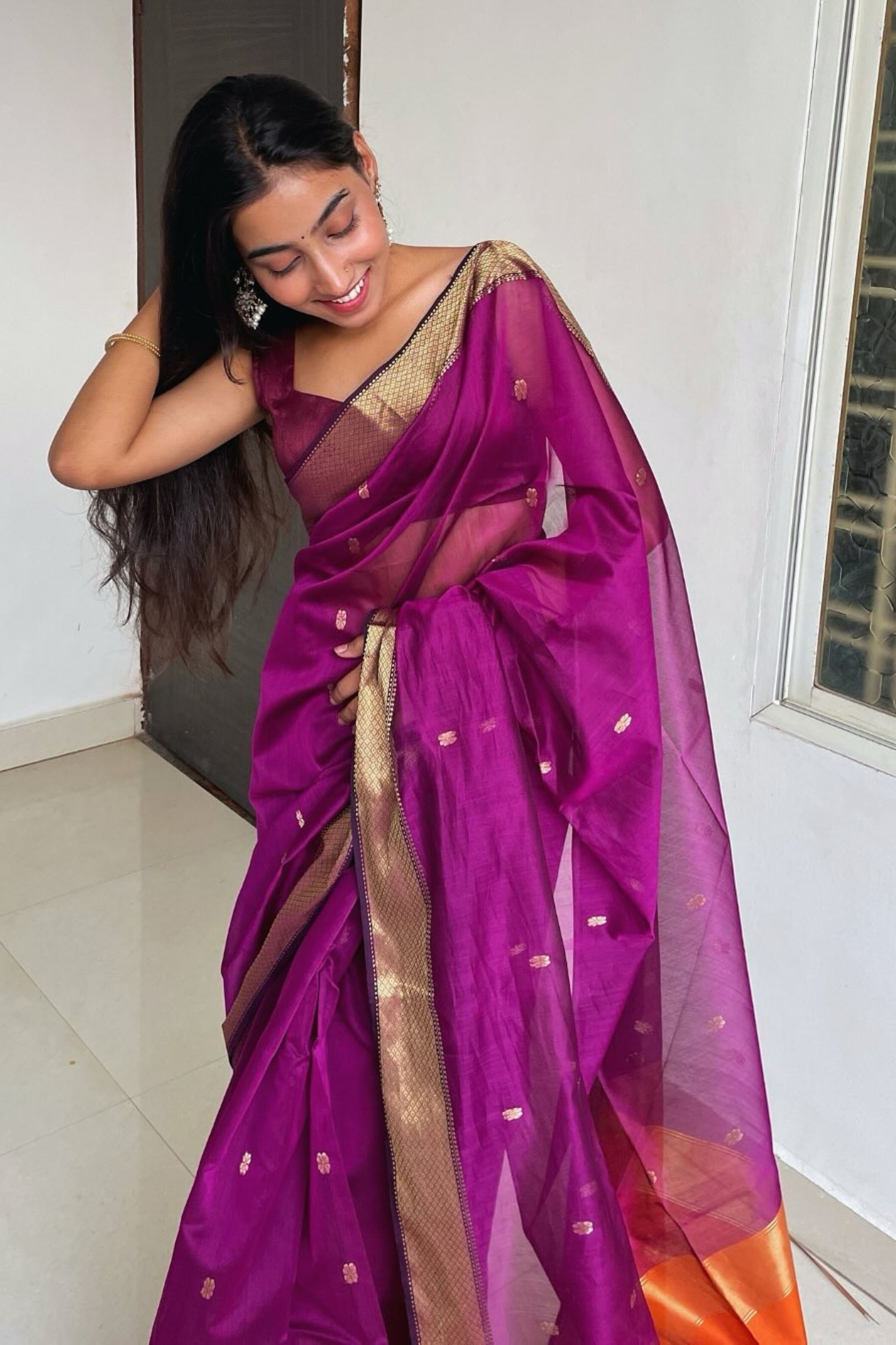 PURPLE ORANGE LOTUS BUTTA MAHESHWARI SAREE