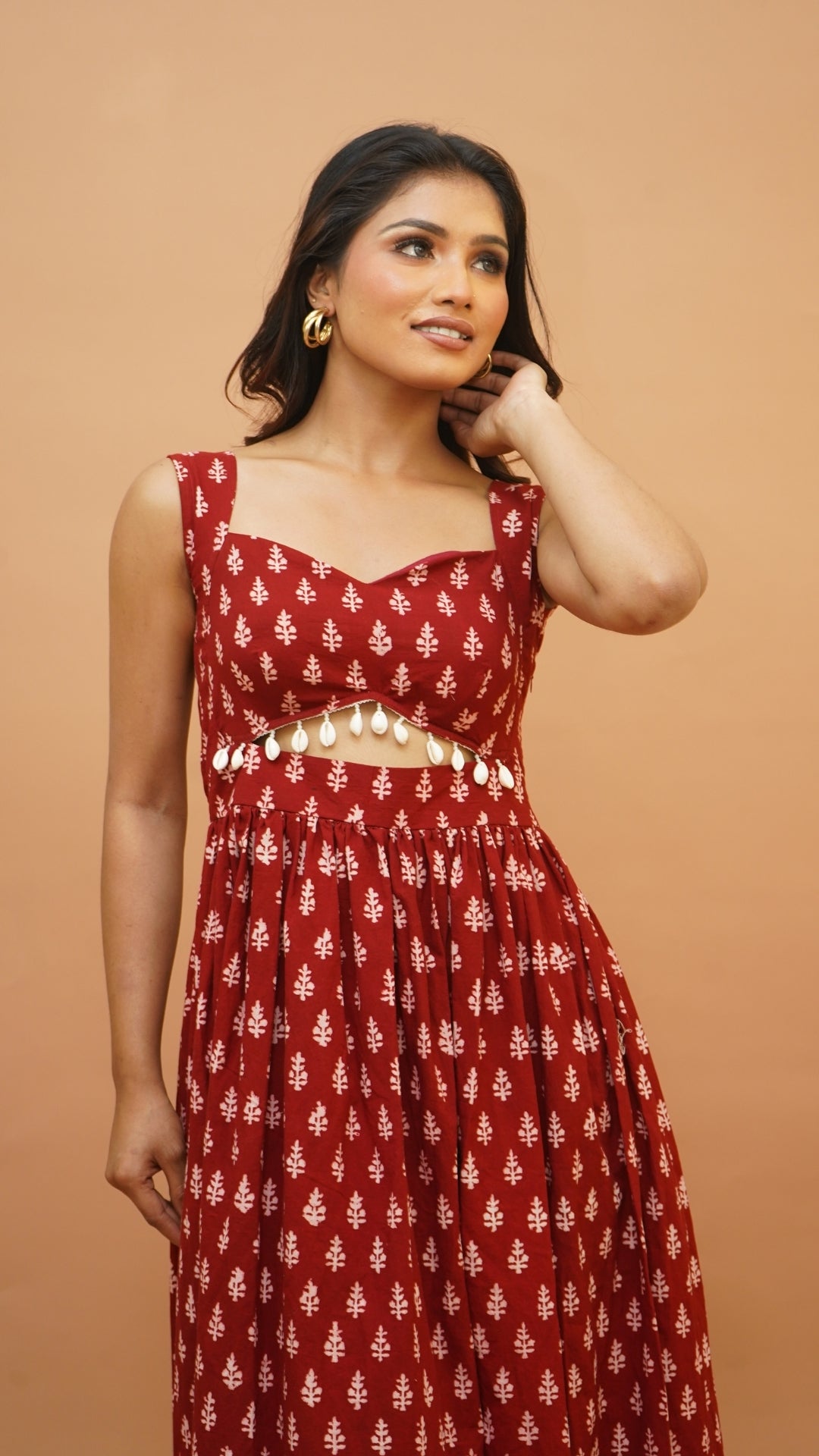RED WHITE  BAGH PRINT DRESS