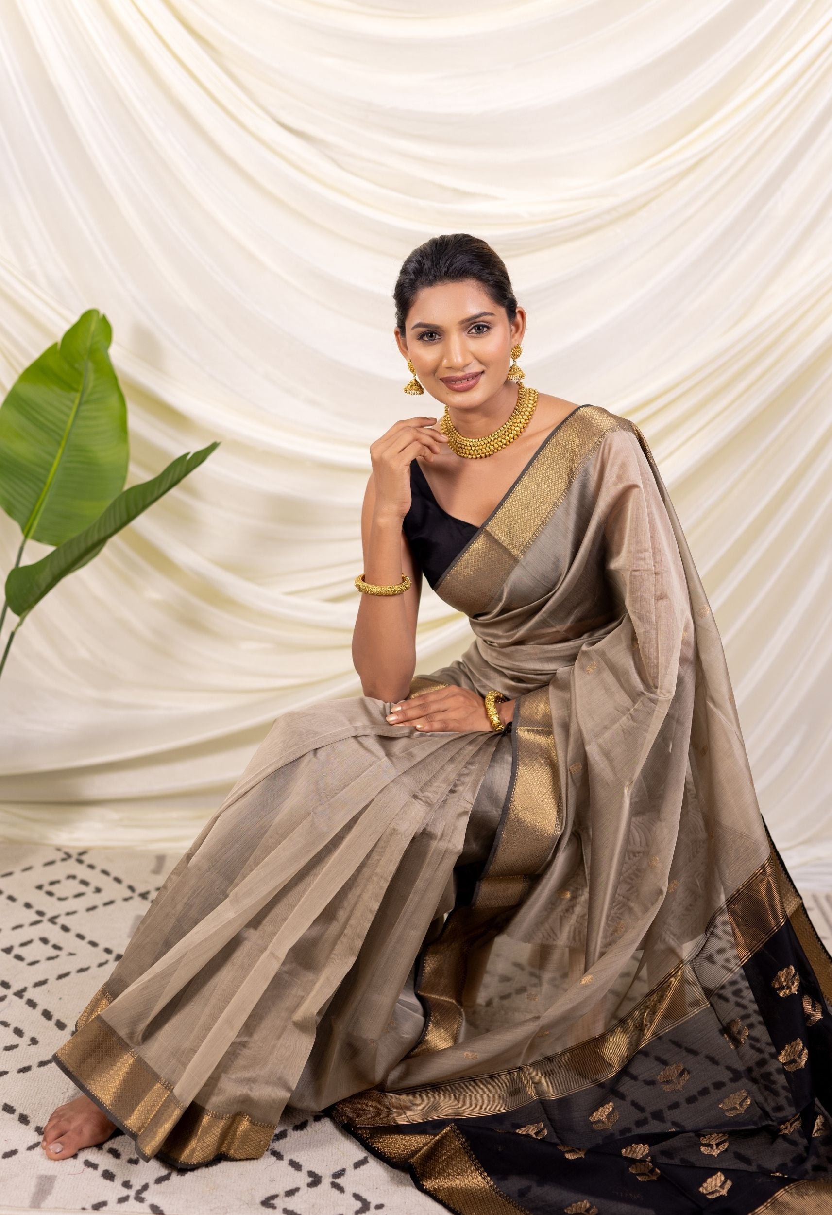 METLIC GREY BLACK LOTUS BUTTA MAHESHWARI SAREE