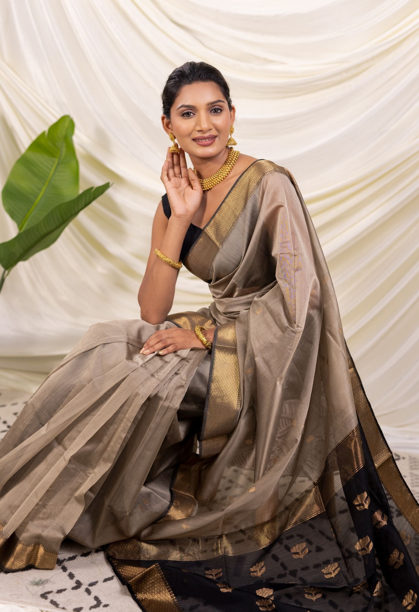 METLIC GREY BLACK LOTUS BUTTA MAHESHWARI SAREE