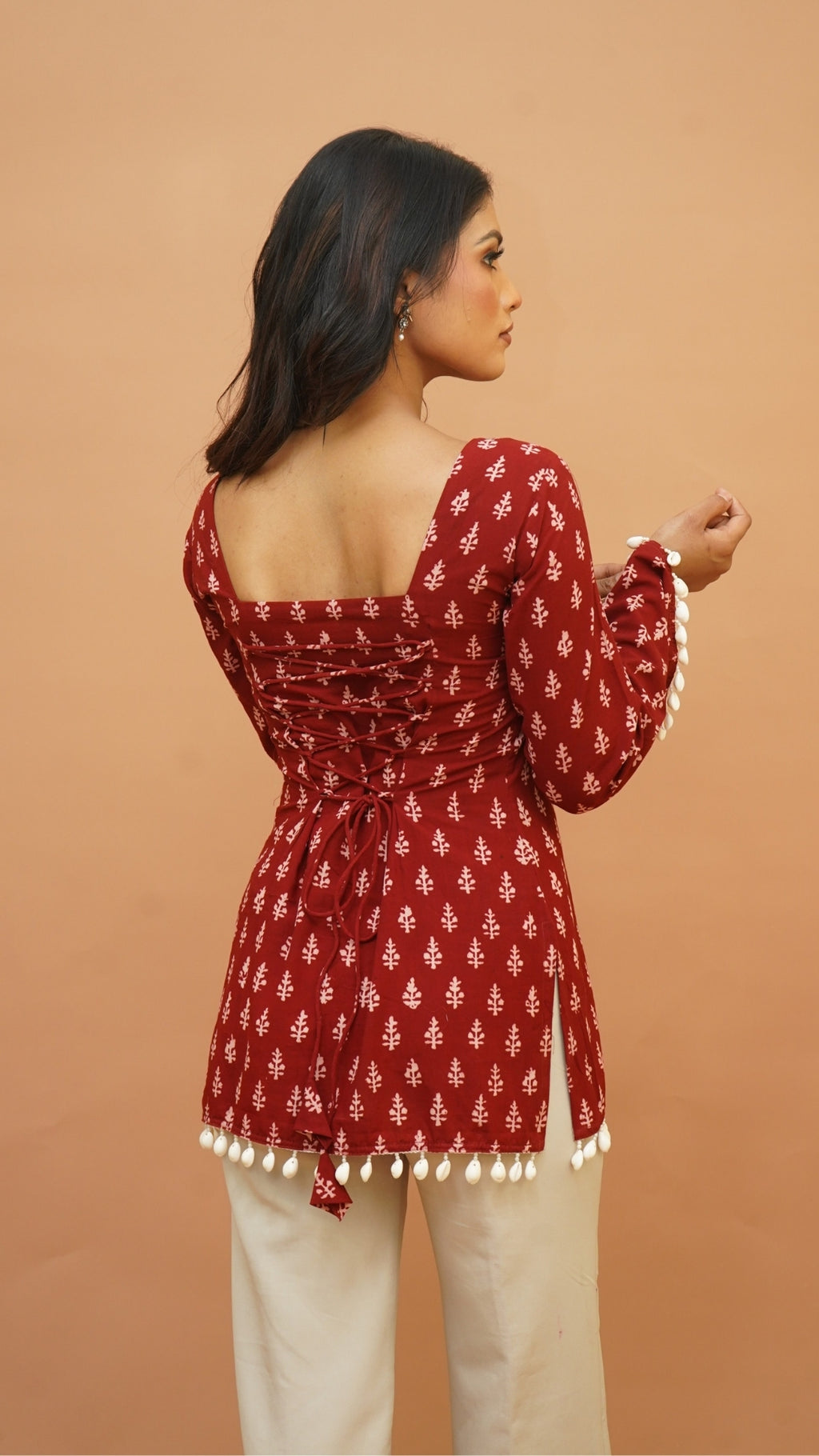 RED WHITE BAGH PRINT SHORT KURTI