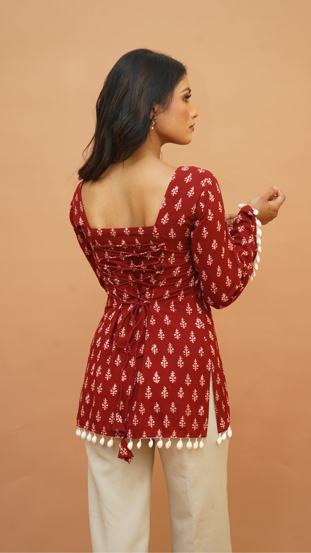 RED WHITE BAGH PRINT SHORT KURTI