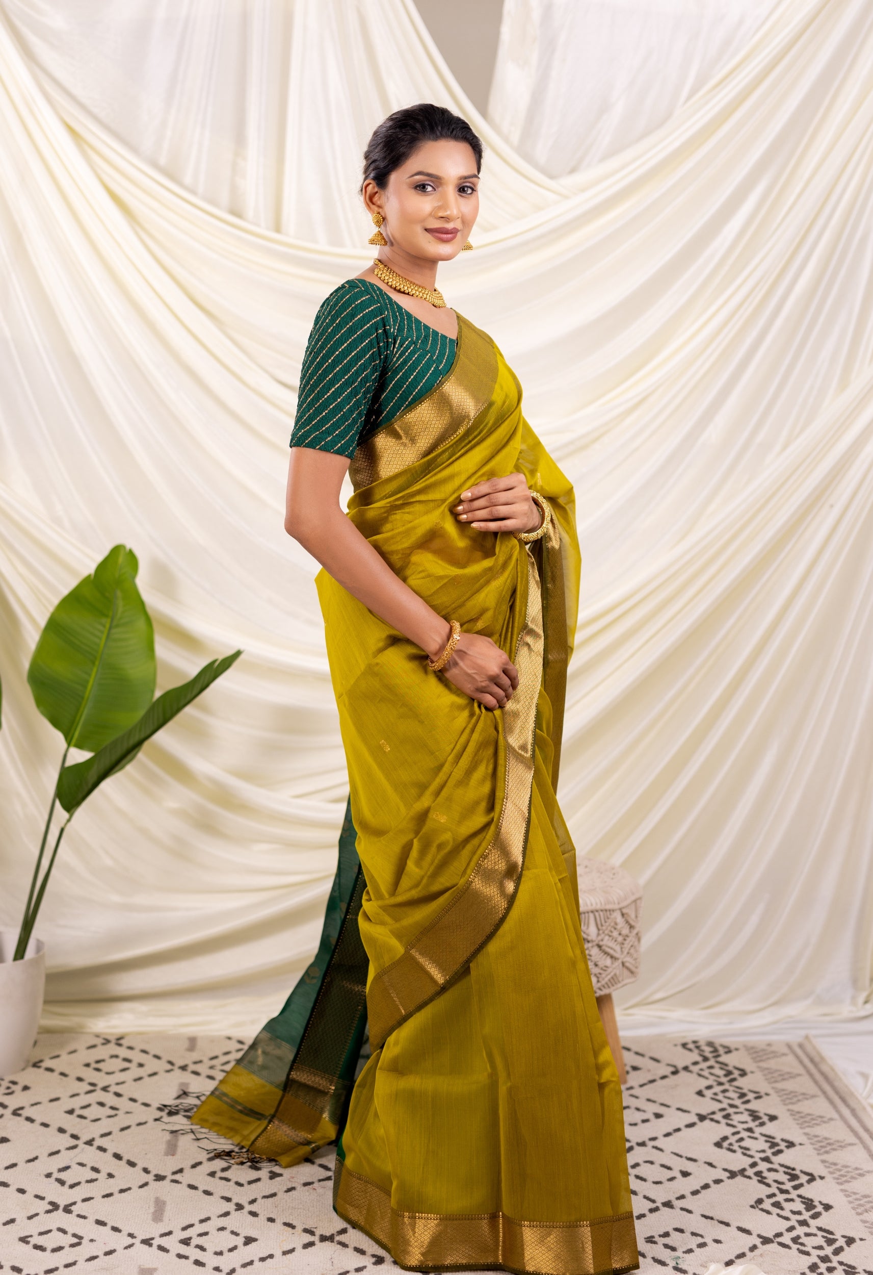 YELLOW GREEN  LOTUS BUTTA MAHESHWARI SAREE