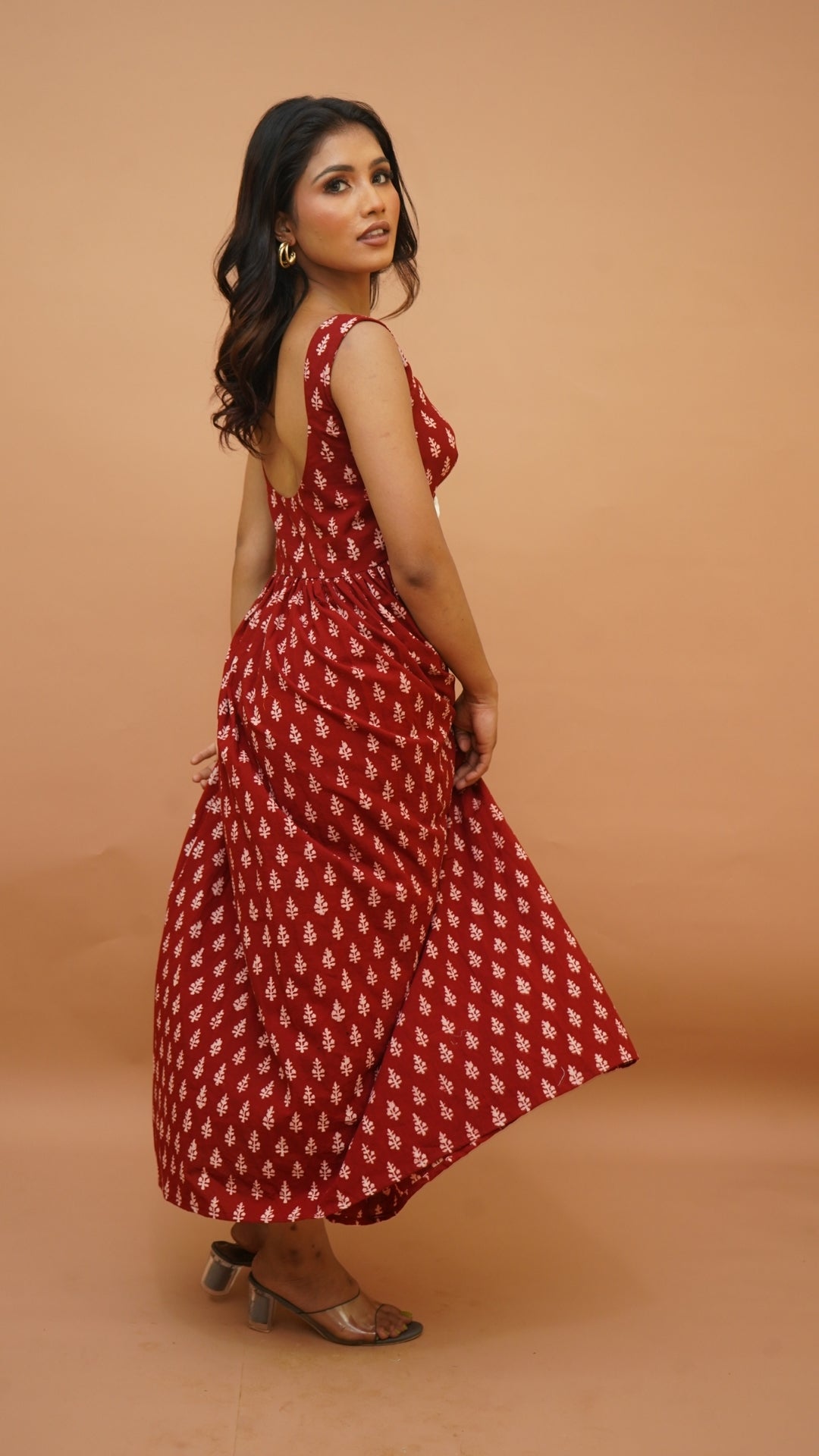 RED WHITE  BAGH PRINT DRESS