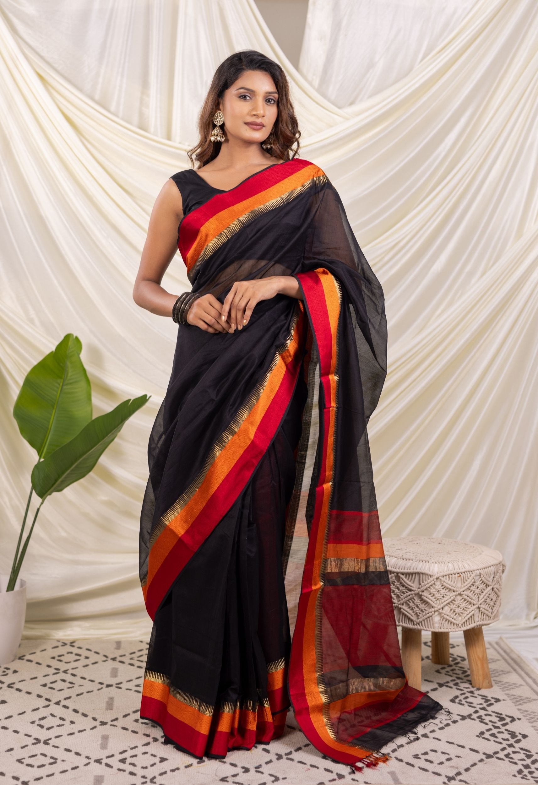 BLACK MULTICOLOR SATTIN BORDER MAHESHWARI SAREE