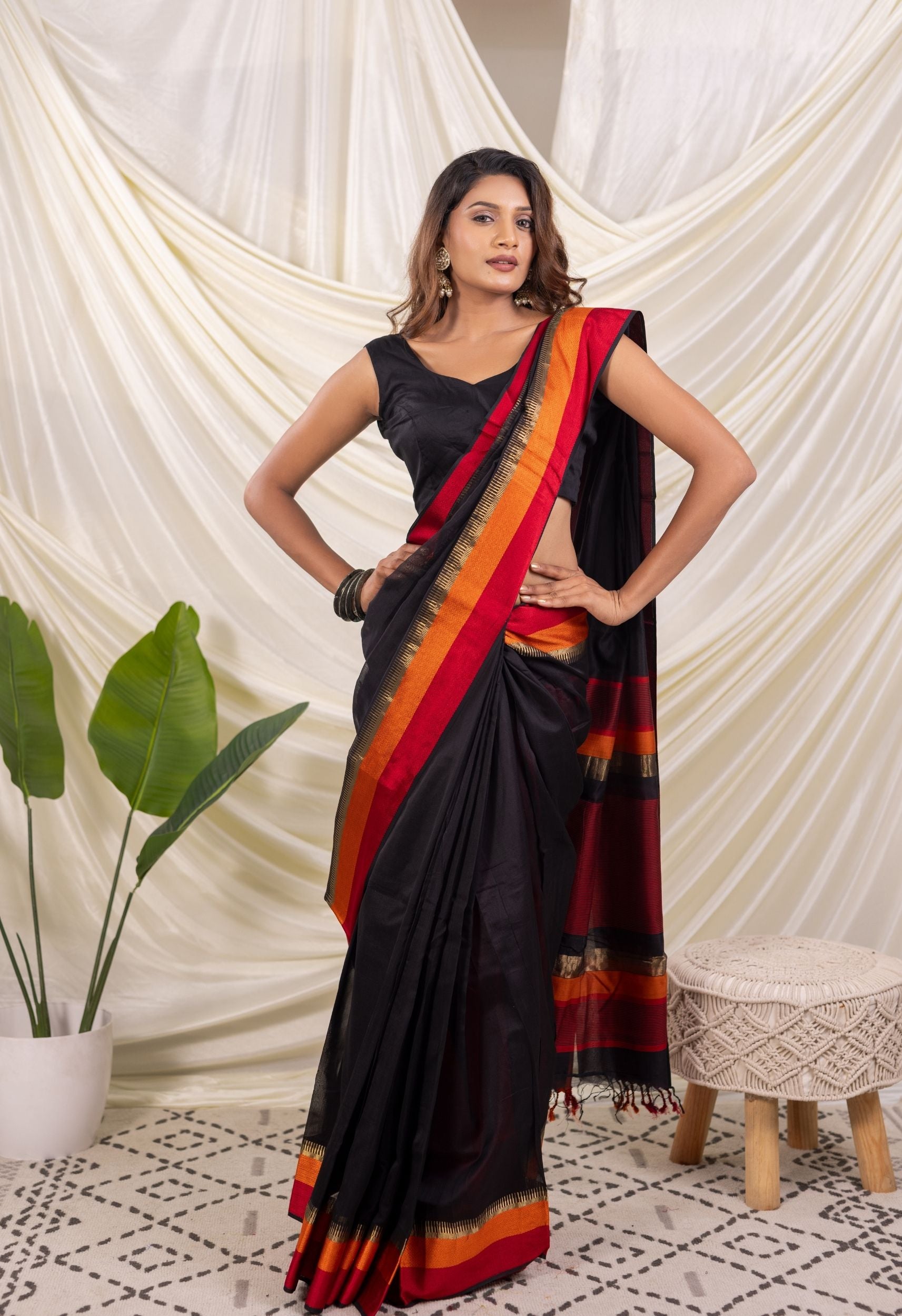 BLACK MULTICOLOR SATTIN BORDER MAHESHWARI SAREE