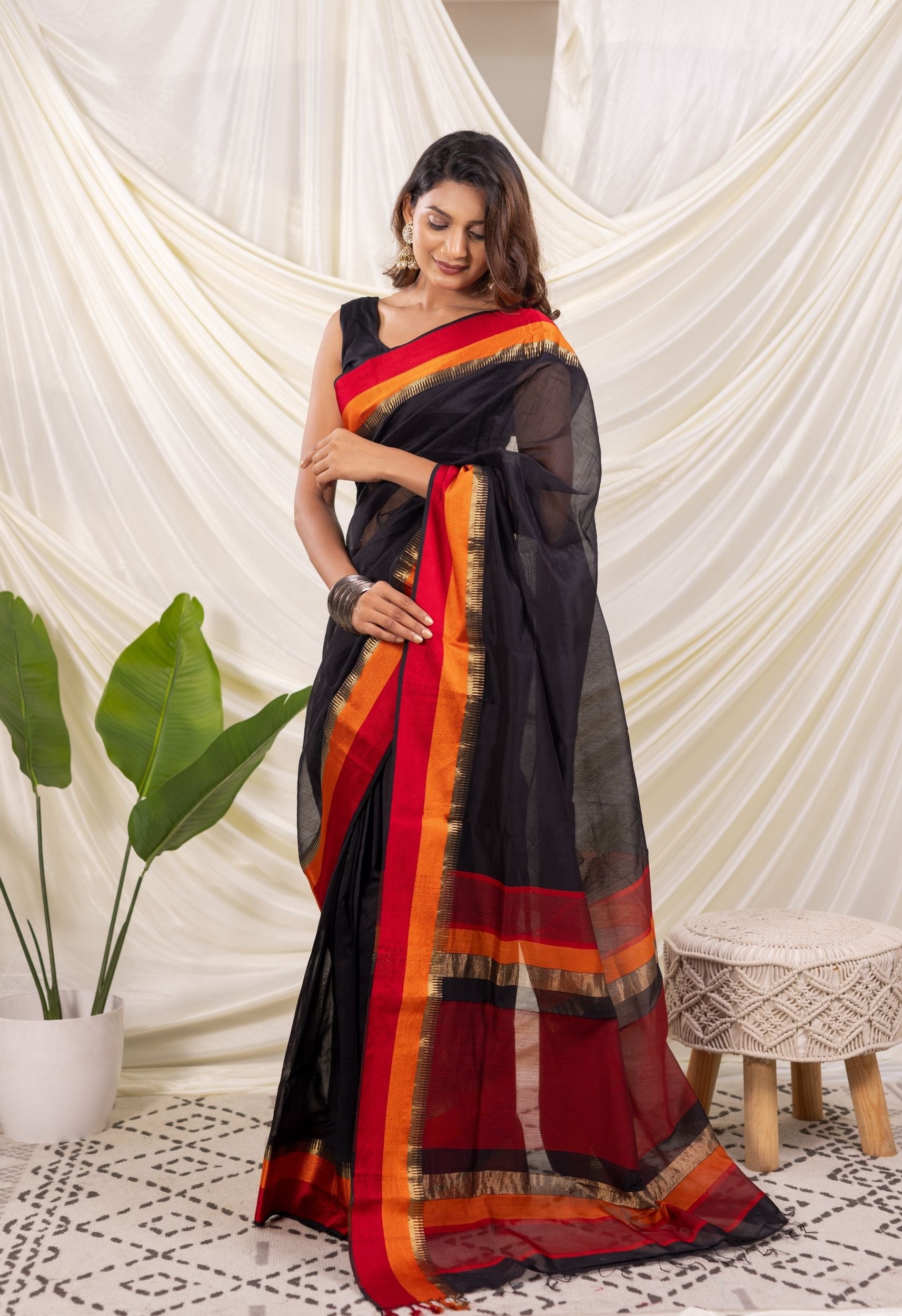 BLACK MULTICOLOR SATTIN BORDER MAHESHWARI SAREE