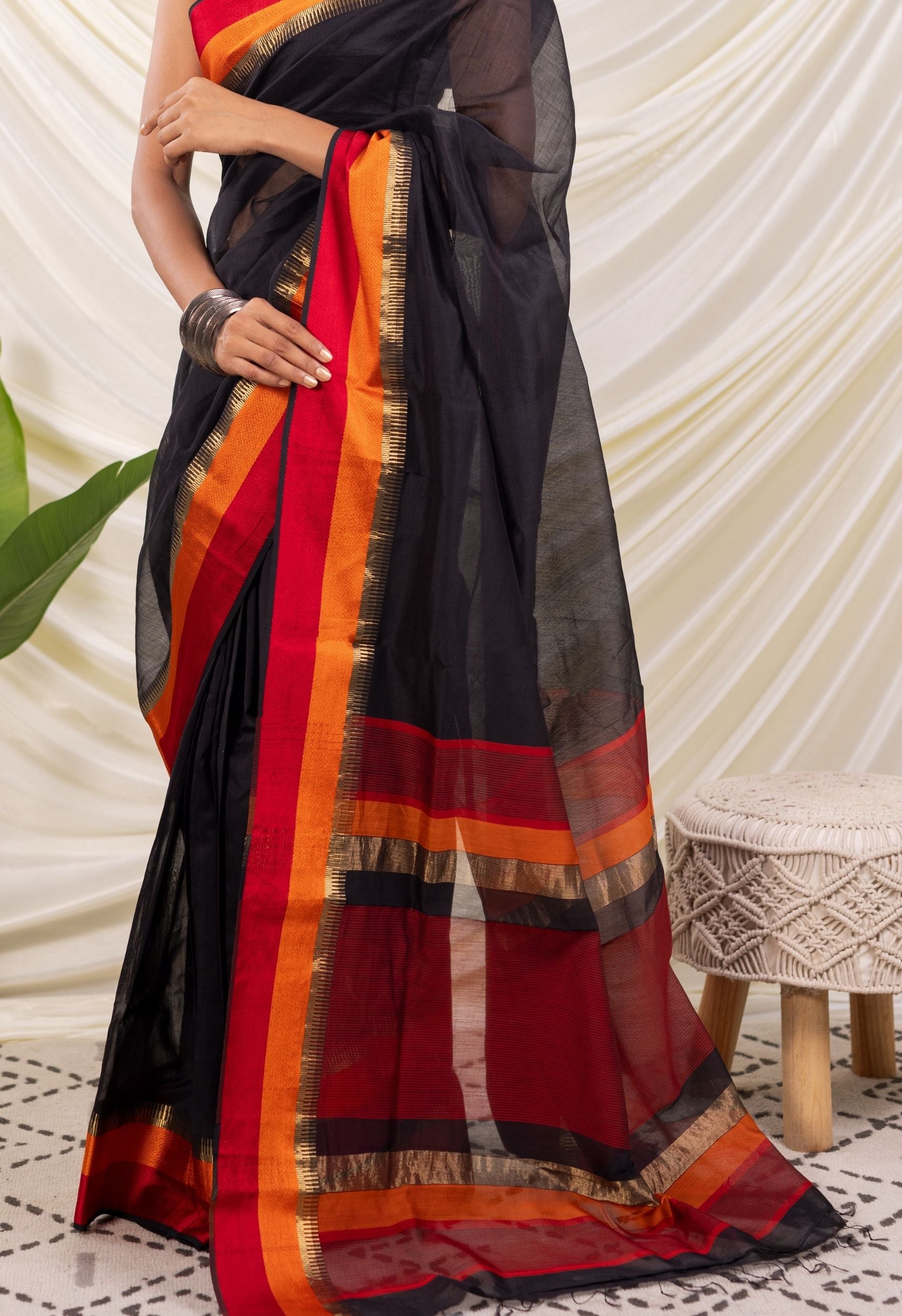 BLACK MULTICOLOR SATTIN BORDER MAHESHWARI SAREE