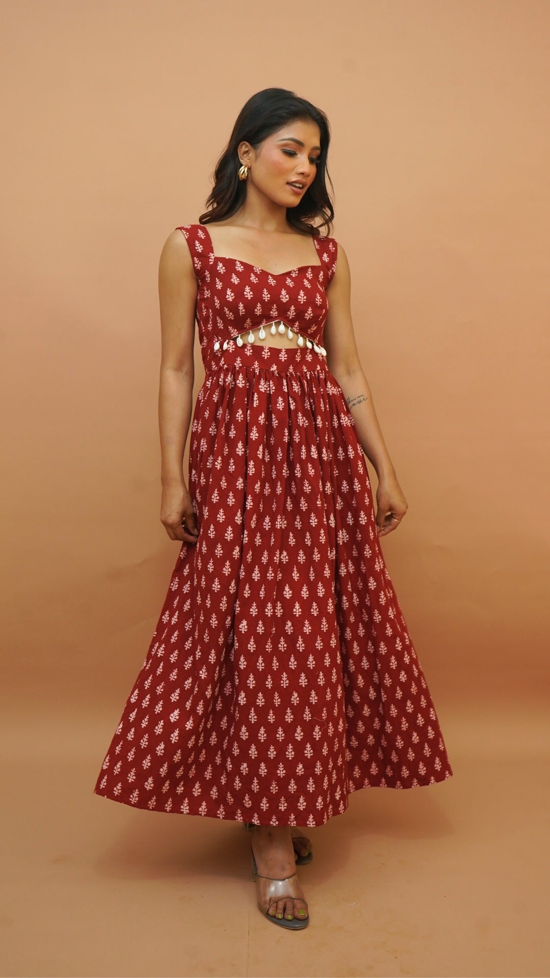 RED WHITE  BAGH PRINT DRESS