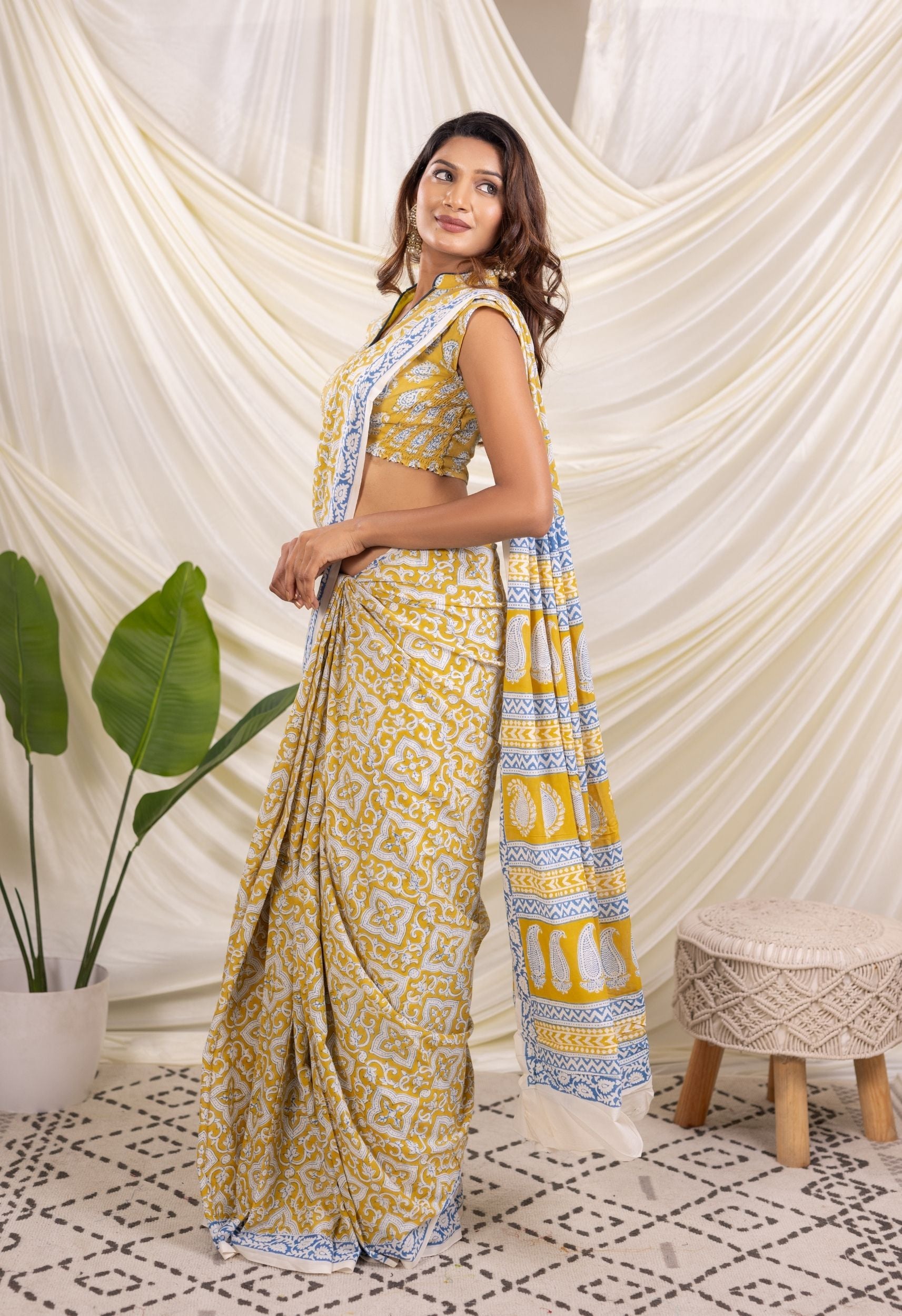 YELLOW-INDIGO BAGH PRINT COTTON SAREE