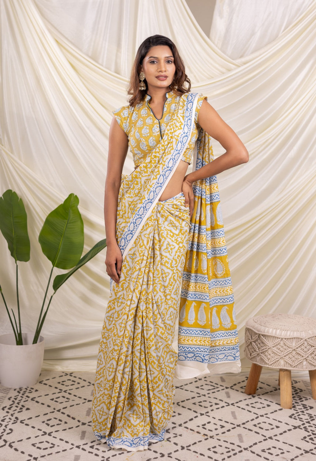 YELLOW-INDIGO BAGH PRINT COTTON SAREE