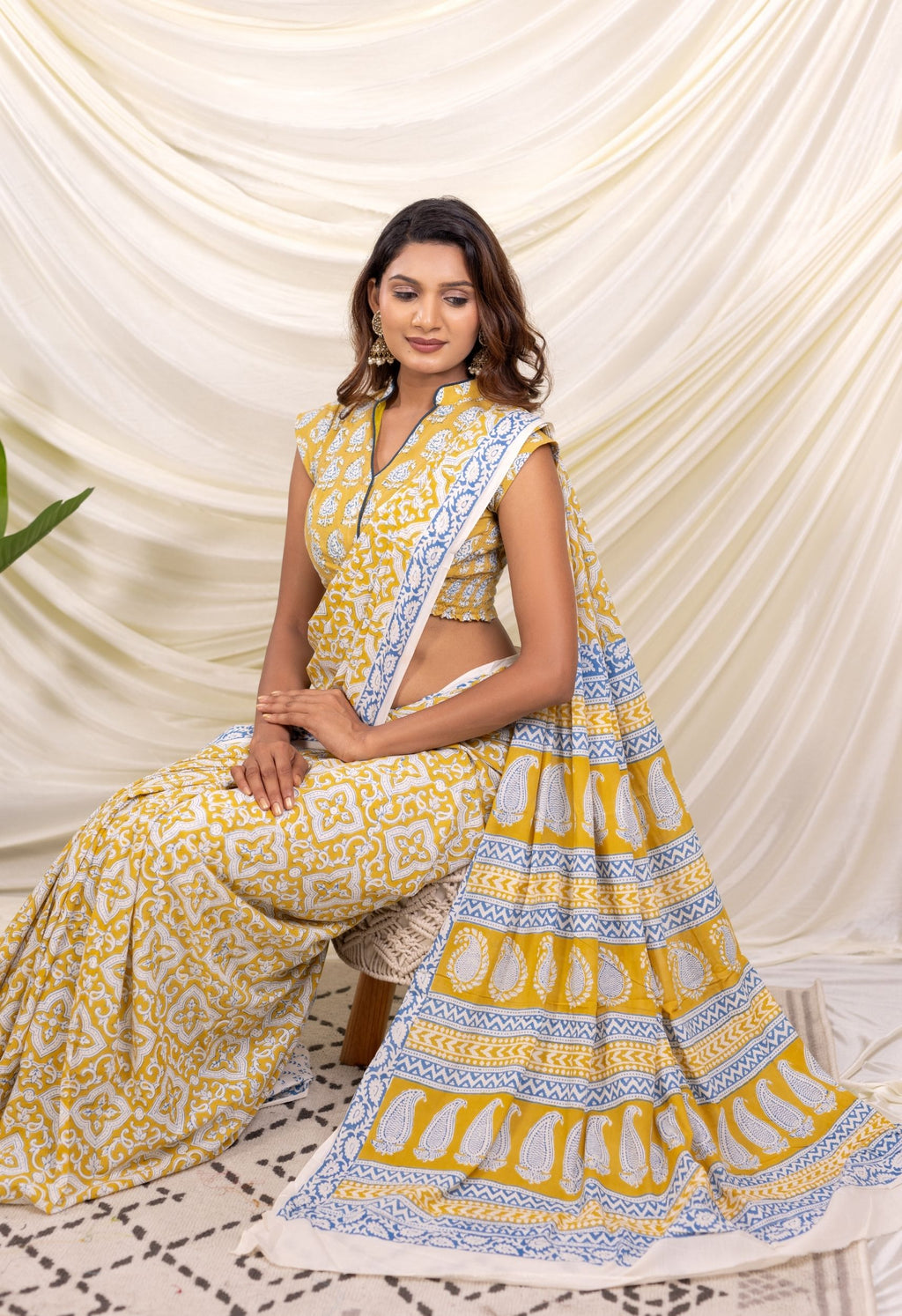 YELLOW-INDIGO BAGH PRINT COTTON SAREE