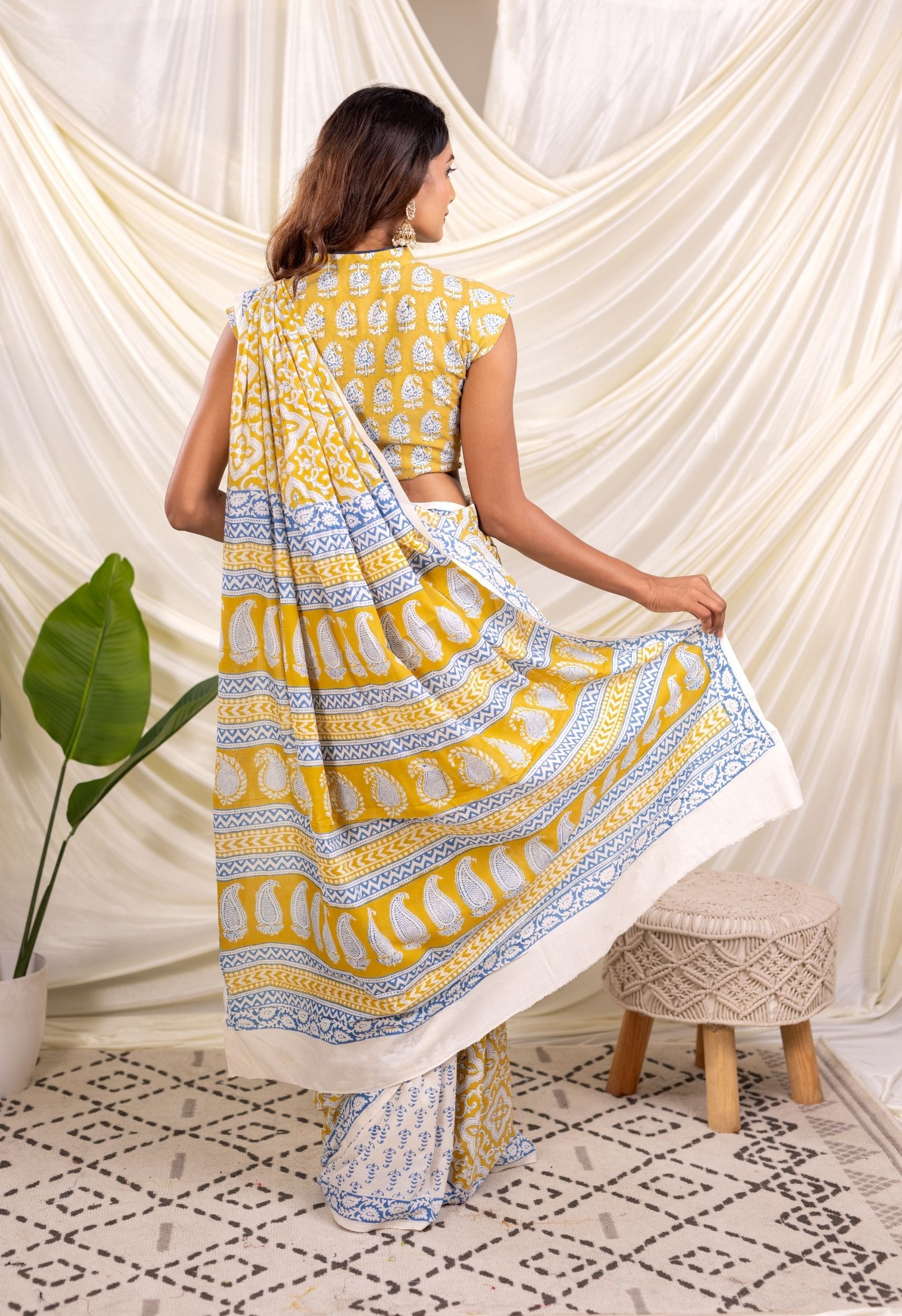 YELLOW-INDIGO BAGH PRINT COTTON SAREE