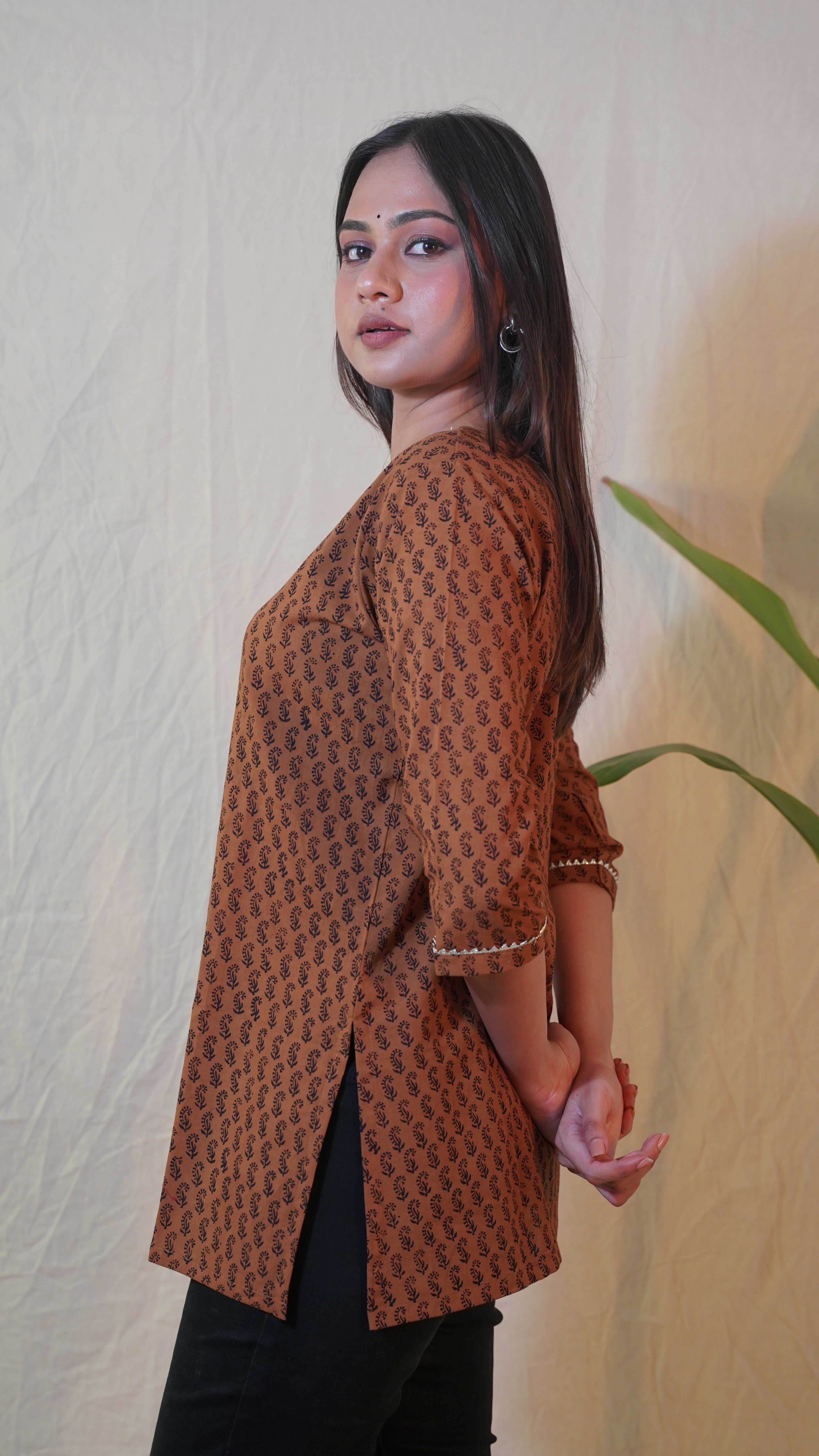 COFFEE BROWN BAGH PRINT SHORT KURTI