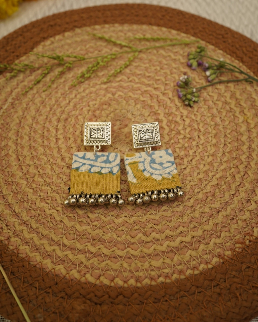 MUSTARD YELLOW BAGH PRINT EARRING