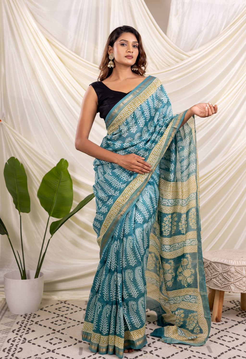 INDIGO WHITE  BAGH PRINT SILK SAREE