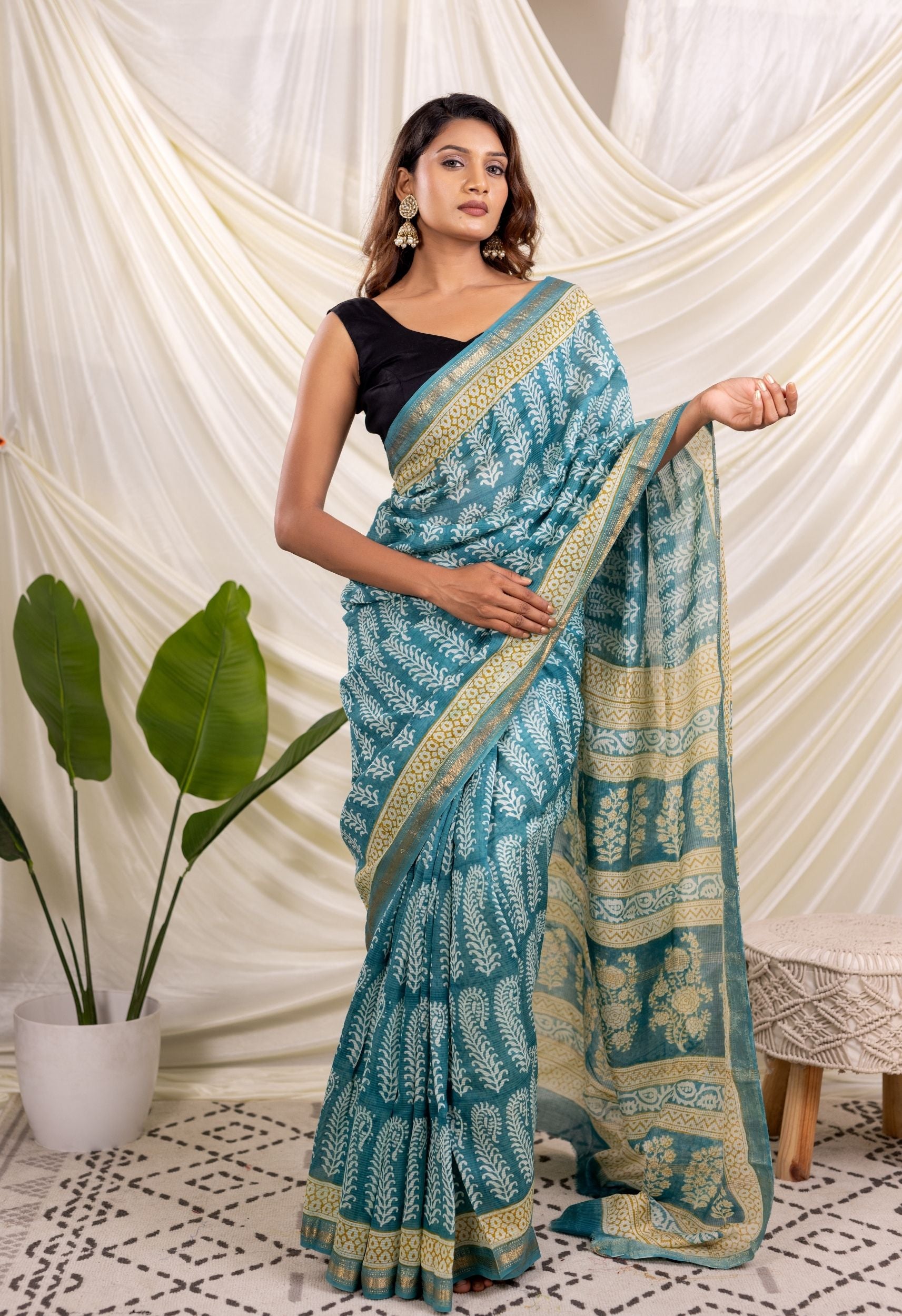 INDIGO WHITE  BAGH PRINT SILK SAREE