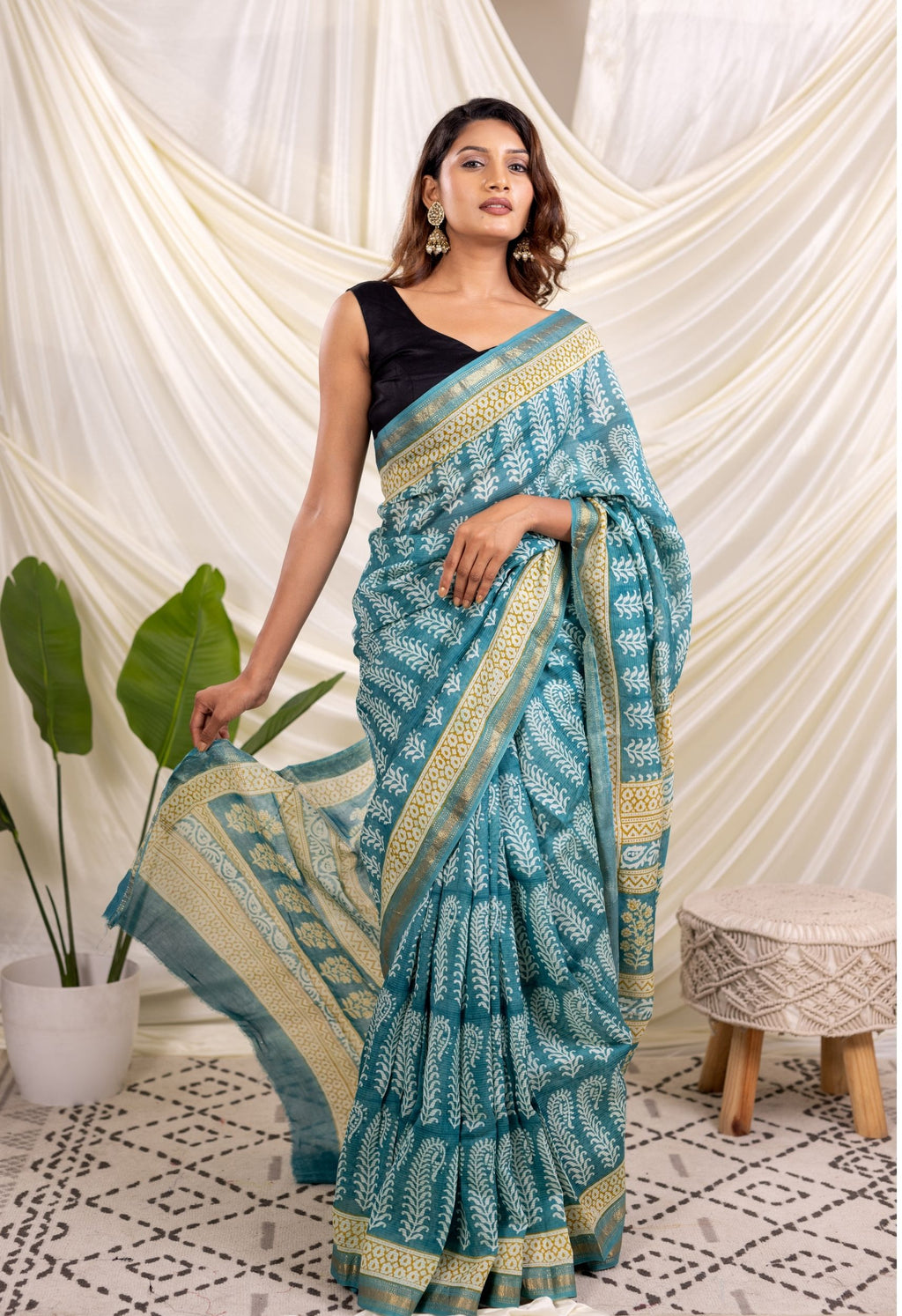 INDIGO WHITE  BAGH PRINT SILK SAREE