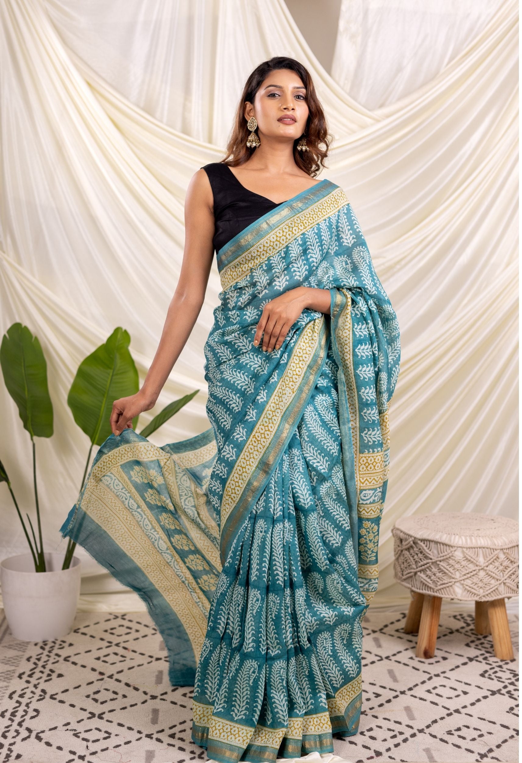 INDIGO WHITE  BAGH PRINT SILK SAREE