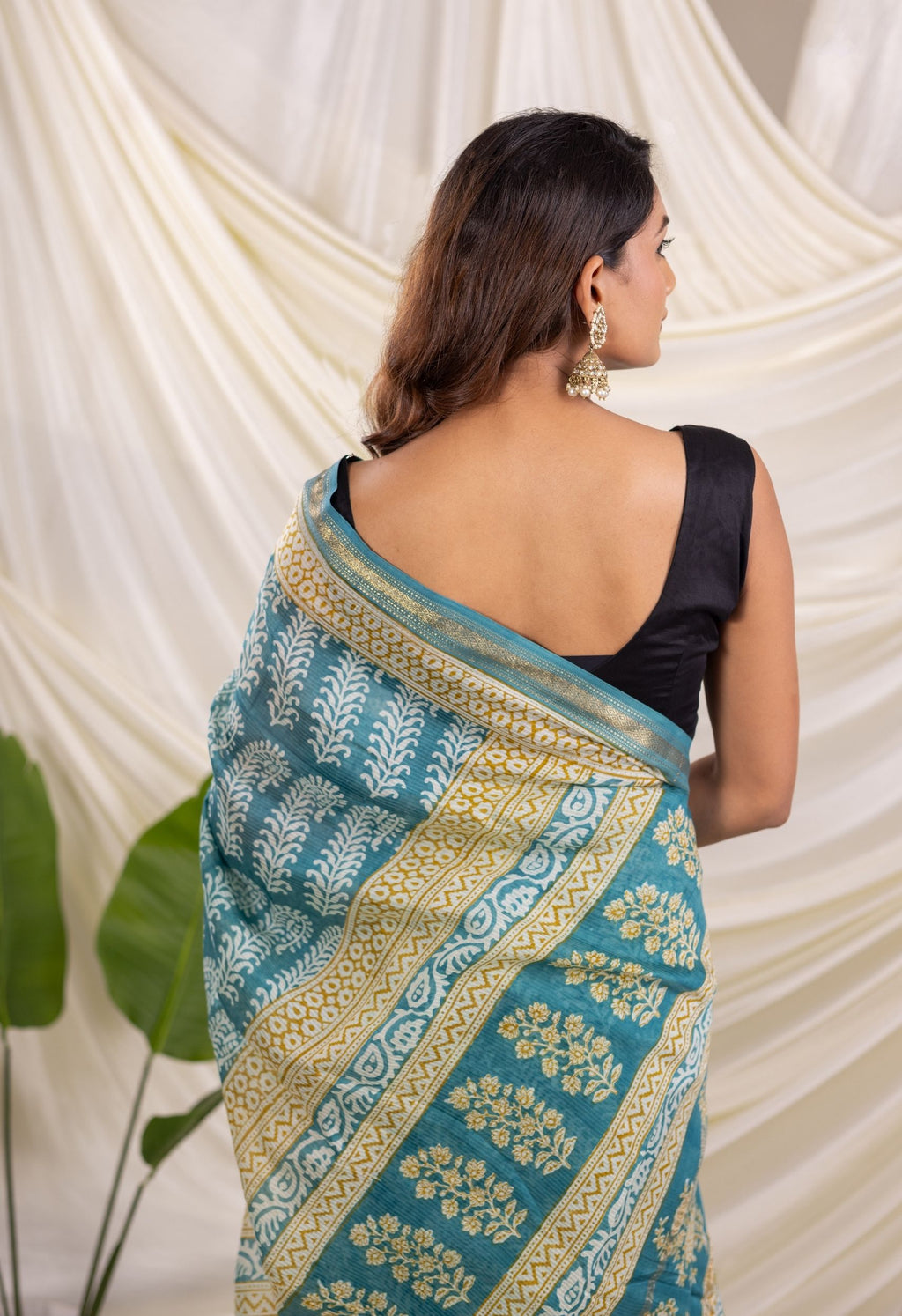INDIGO WHITE  BAGH PRINT SILK SAREE