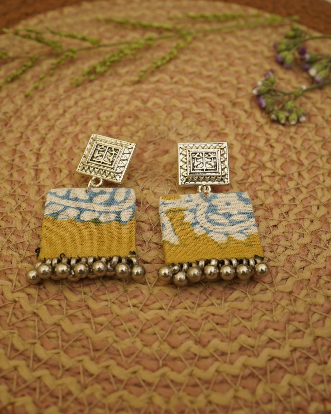 MUSTARD YELLOW BAGH PRINT EARRING