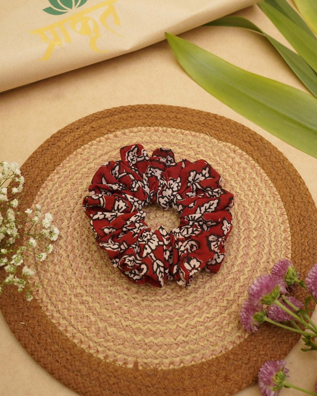 MAROON RED BAGH PRINT SCRUNCHIES
