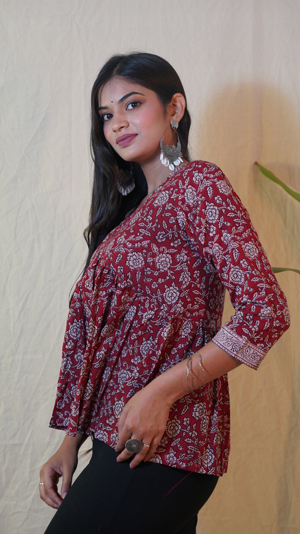 MAROON  FLOWER BUTTI BAGH PRINT  TOP